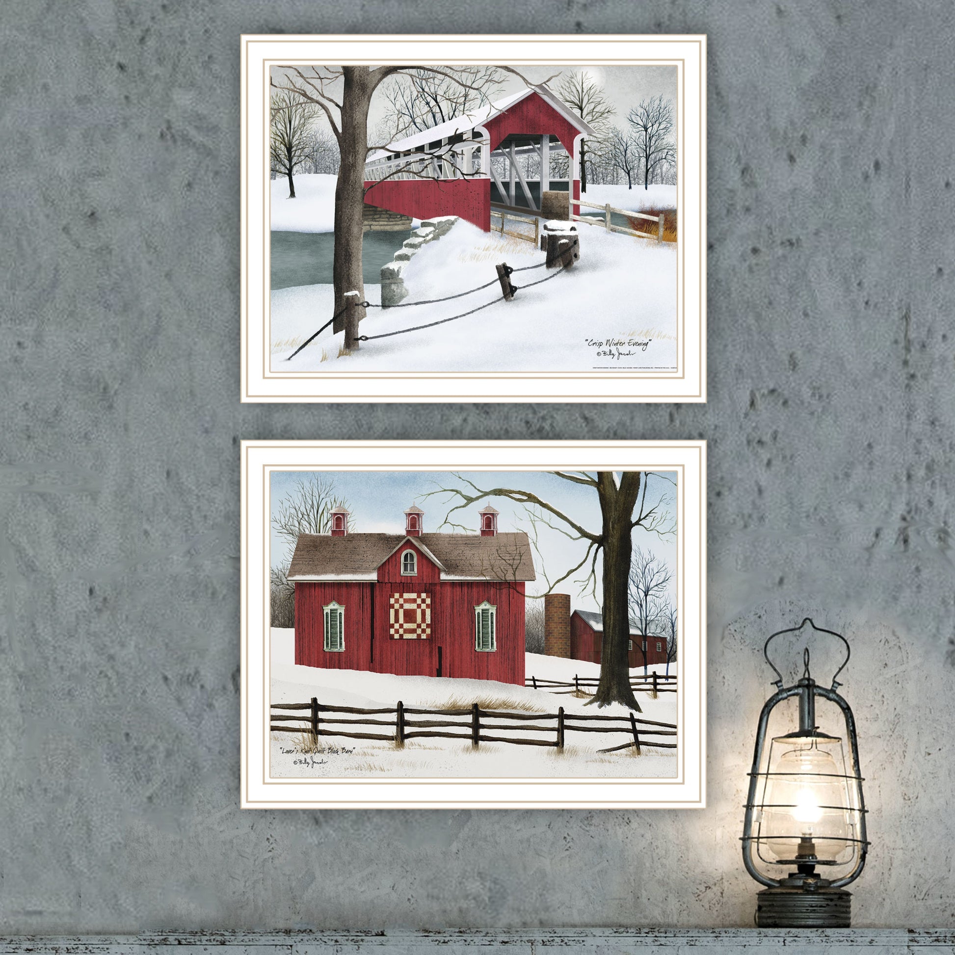 2 Piece Vignette Lovers Knot Quilt Barn, Covered Bridge White Framed Wall Art For Living Room, Bedroom Wall Art Print For Home Decor By Billy Jacobs Multi Wood Paper