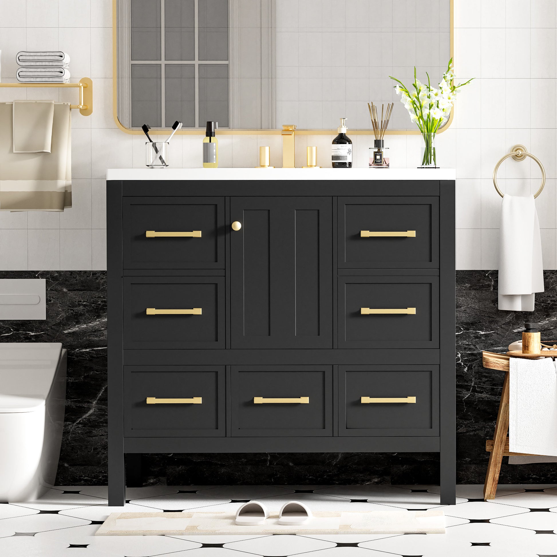 36'' Bathroom Vanity With Resin Sink Combo, Solid Wood Frame Bathroom Storage Cabinet, Freestanding Vanity Set With 5 Drawers& Soft Closing Doors Same As N710S136002B Black Bathroom Solid Wood Mdf Resin