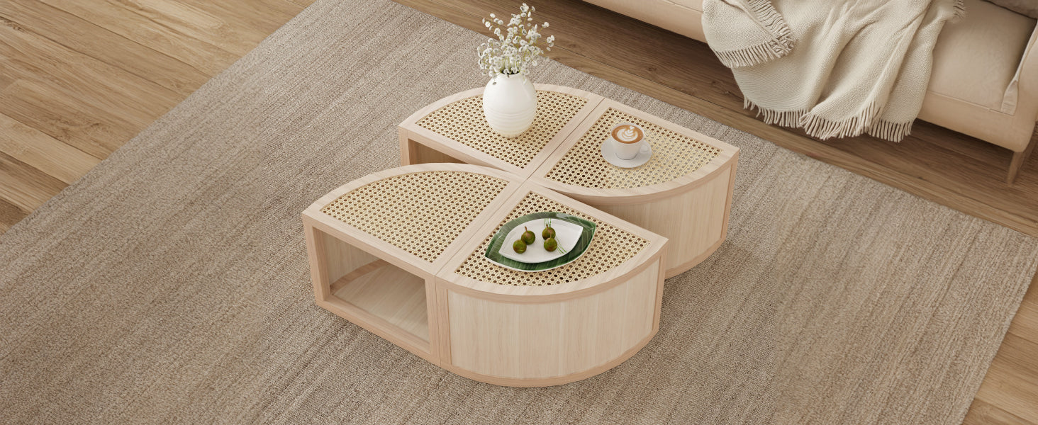 Round To Square Block Modular Coffee Table Light Natural Rattan With Storage 4 Piece Light Natural Rubber Wood