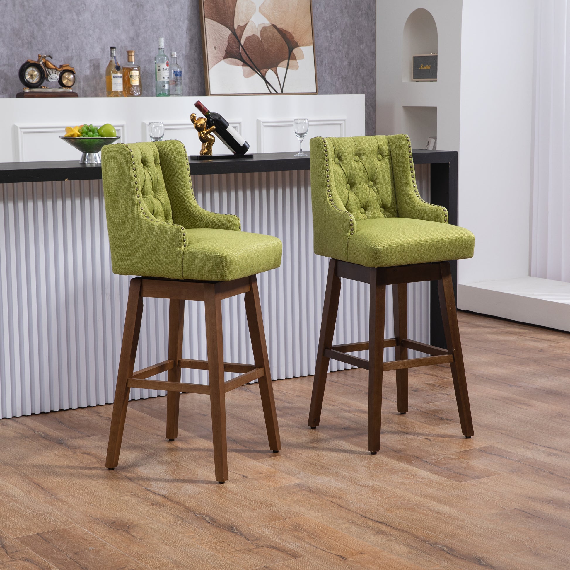 Coolmore Bar Stools Set Of 2 Counter Height Chairs With Footrest For Kitchen, Dining Room And 360 Degree Solid Wood Legs Swivel Bar Stools Set Of 2 Olive Linen Olive Foam Linen