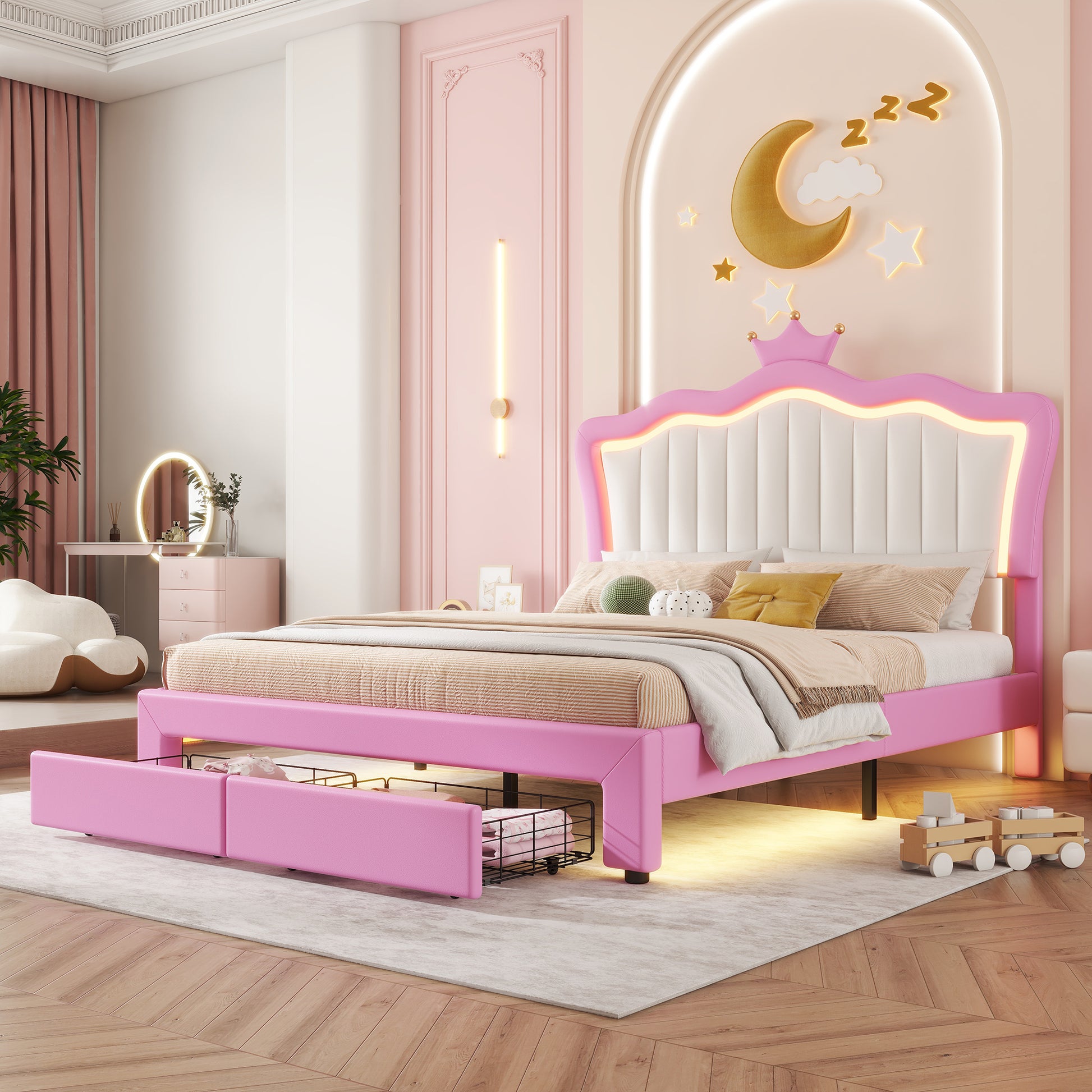 Full Size Upholstered Bed Frame With Led Lights, Modern Upholstered Princess Bed With Crown Headboard, 2 Drawers, Pink White Box Spring Not Required Full Pink White Wood Bathroom Modern Bed Frame Pu