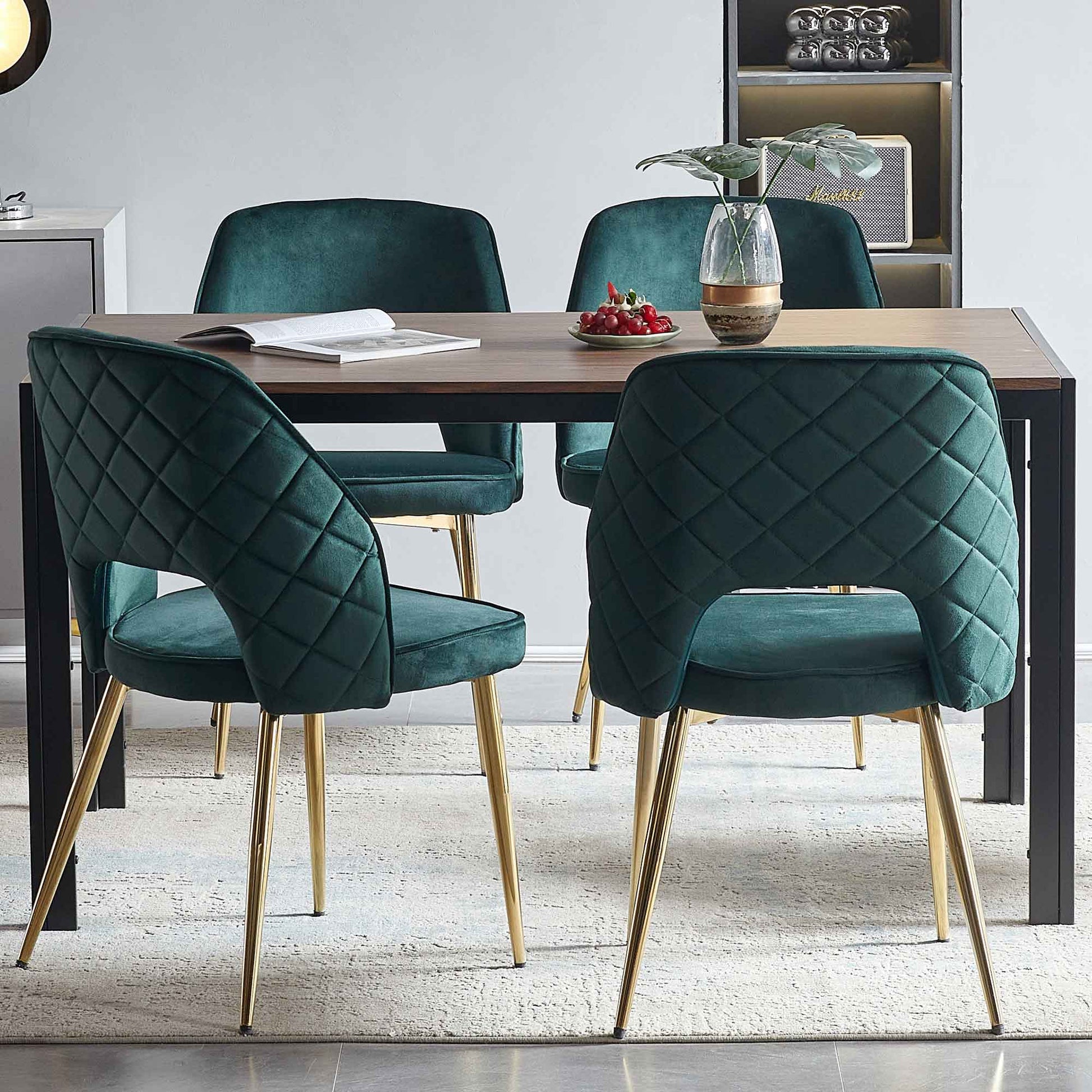 Dark Green Velvet Dining Chairs With Metal Legs And Hollow Back Upholstered Dining Chairs Set Of 4 Metal Dark Green Dining Room Foam Dry Clean Modern Dining Chairs Velvet