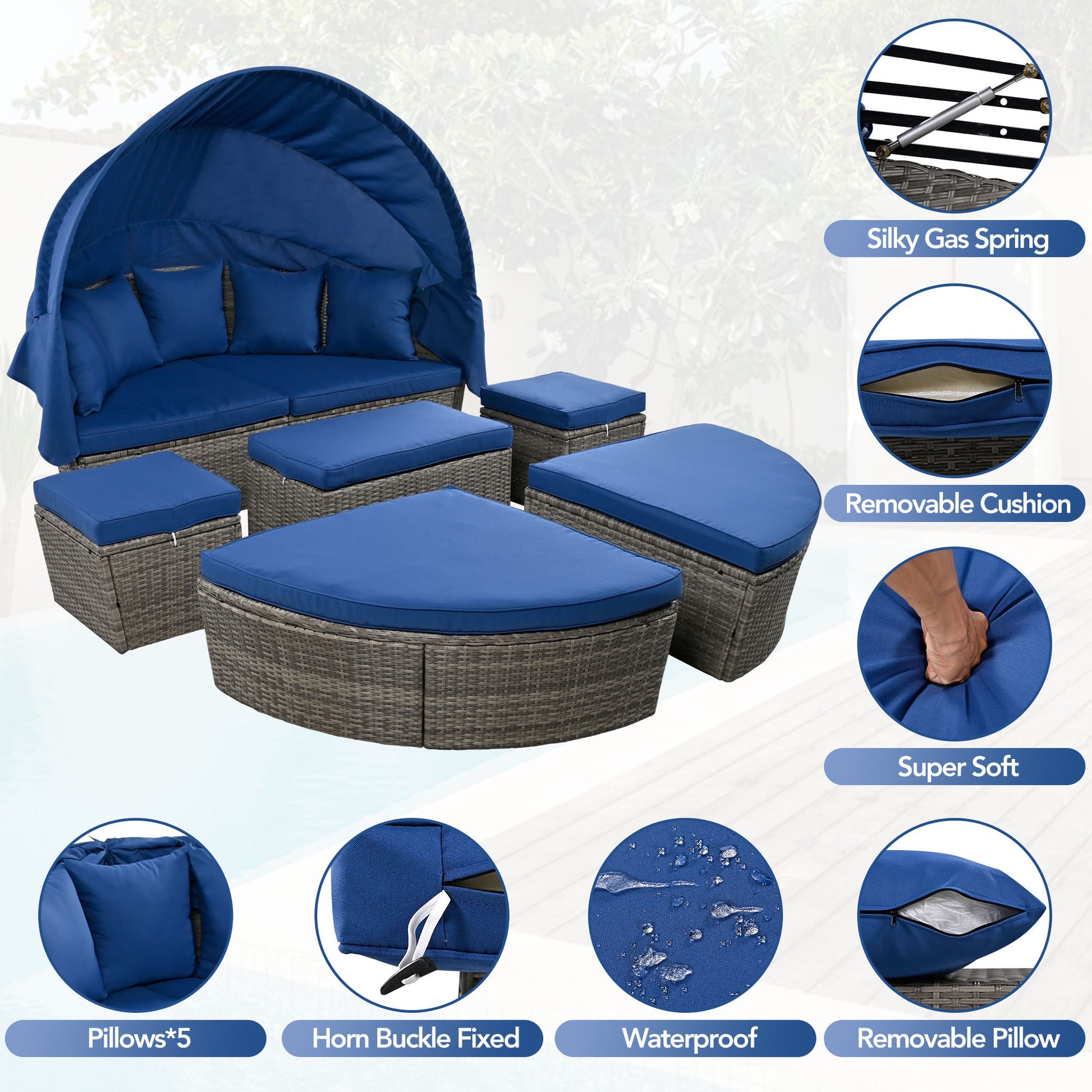 Outdoor Rattan Daybed Sunbed With Retractable Canopy Wicker Furniture, Round Outdoor Sectional Sofa Set, Gray Wicker Furniture Clamshell Seating With Washable Cushions, Backyard, Porch, Blue Yes Blue Seats 8 Garden & Outdoor Foam Wicker
