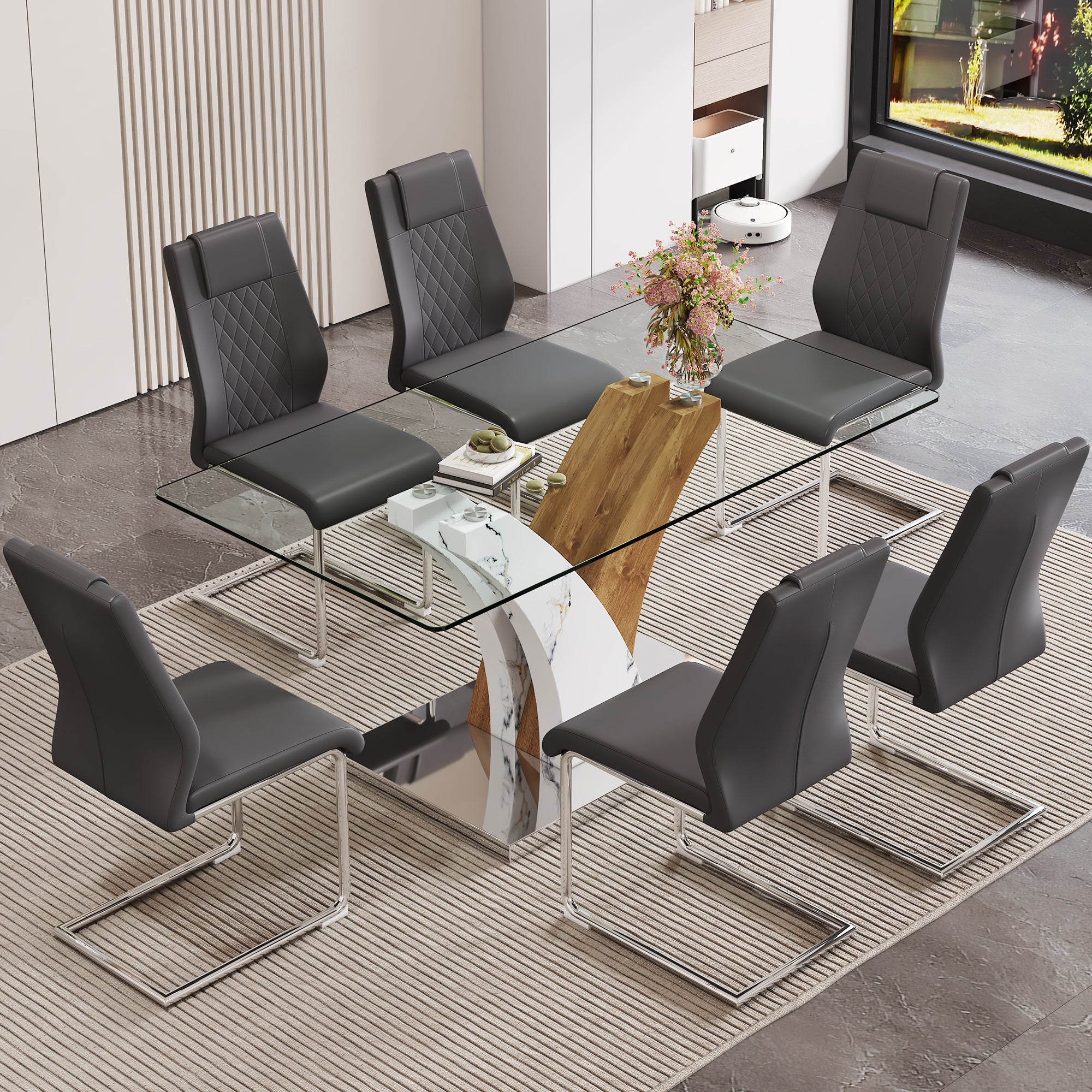 Table And Chair Set.Modern Dining Table, Tempered Glass Countertop With Artistic Mdf Legs.Paried With 6 Comfortable Chairs With Pu Seats And Metal Legs. Suitable For Various Decoration Styles. Gray,Transparent Seats 6 Mdf Glass