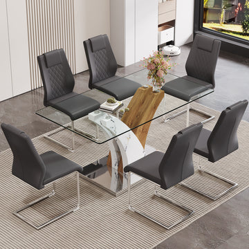 Table And Chair Set.Modern Dining Table, Tempered Glass Countertop With Artistic Mdf Legs.Paried With 6 Comfortable Chairs With Pu Seats And Metal Legs. Suitable For Various Decoration Styles. Gray,Transparent Seats 6 Mdf Glass