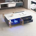 Modern Navy Blue Coffee Table With 2 Glass Door Storage, 4 Drawers, Gold Metal Legs, And Multi Color Lighting In 47.2'' Navy Blue Drawers Mdf