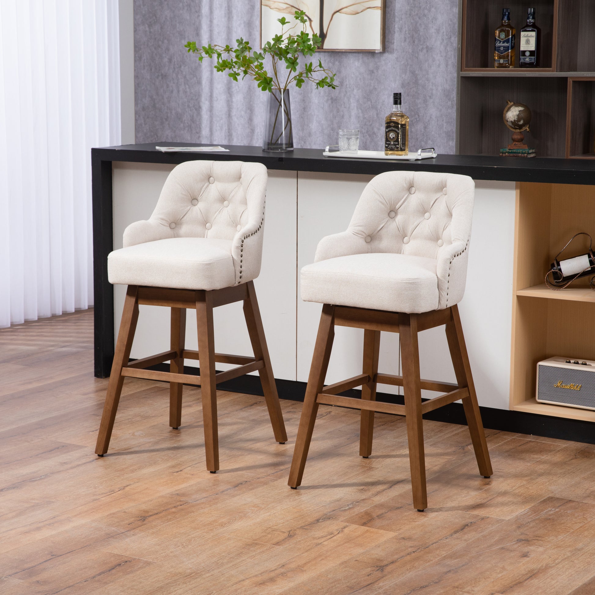 Coolmore Bar Stools Set Of 2 Counter Height Chairs With Footrest For Kitchen, Dining Room And 360 Degree Solid Wood Legs Swivel Bar Stools Set Of 2 Beige Linen Beige Foam Linen