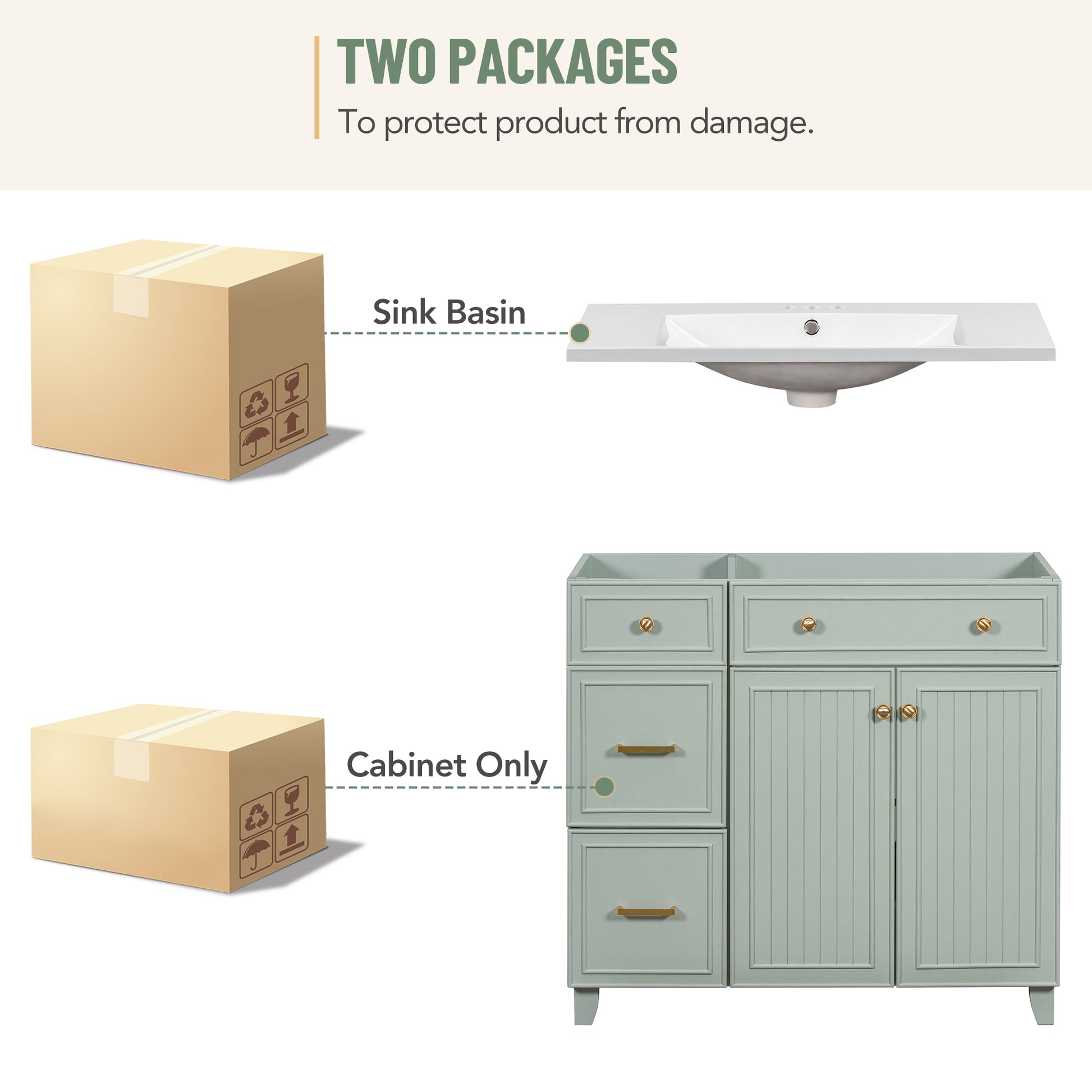 36 Inch Bathroom Vanity, Transitional Style Bathroom Cabinet With Resin Sink, Green Single Bathroom Cabinet, With 2 Drawers And 1 Adjustable Storage Shelf, 2 Soft Close Doors Green Bathroom Solid Wood Mdf Resin