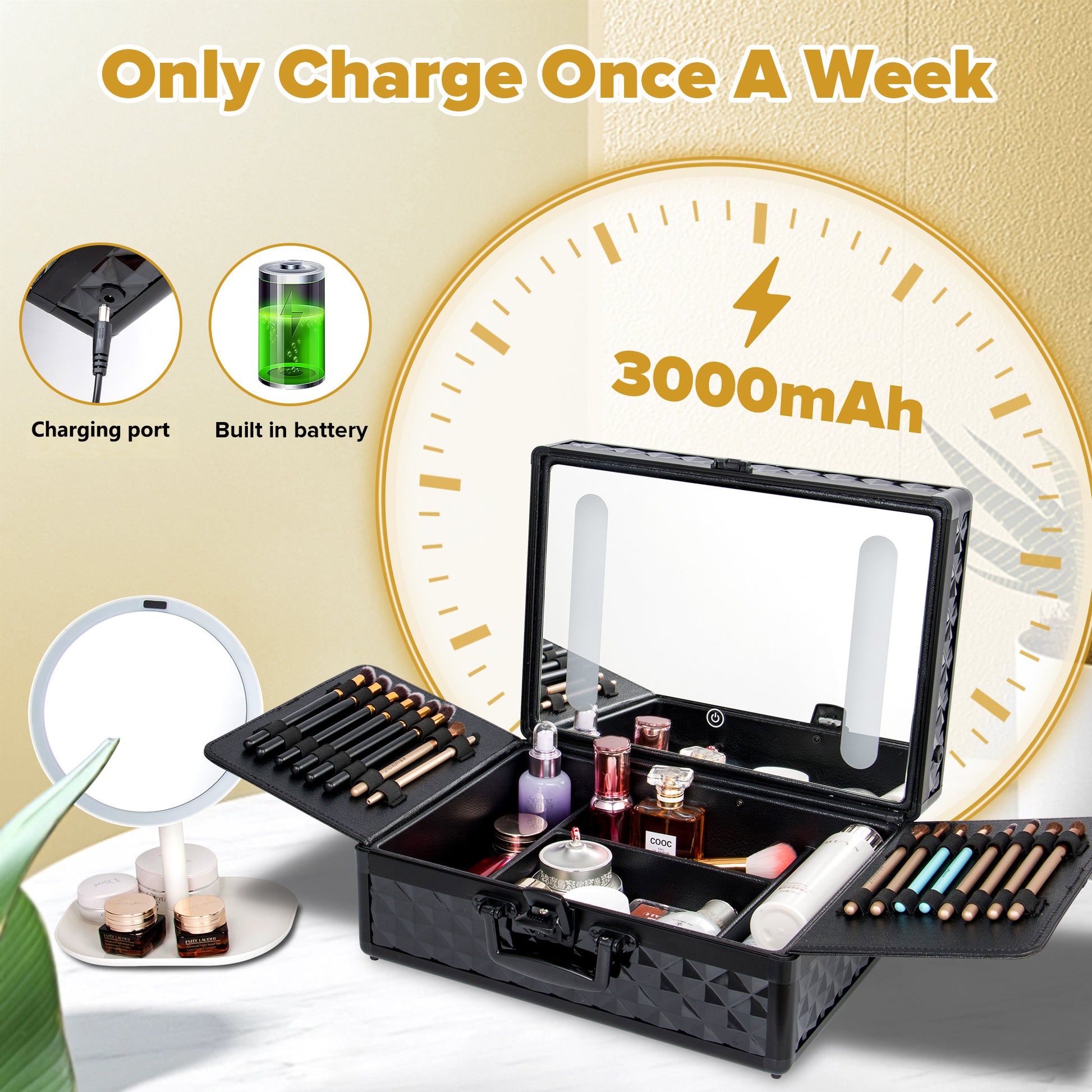 Portable Makeup Case With Led Mirror Travel Makeup Bag Cosmetic Organizer Box With Locks, Brush Holder, Dividers, Rechargeable, Black Black Aluminium Alloy