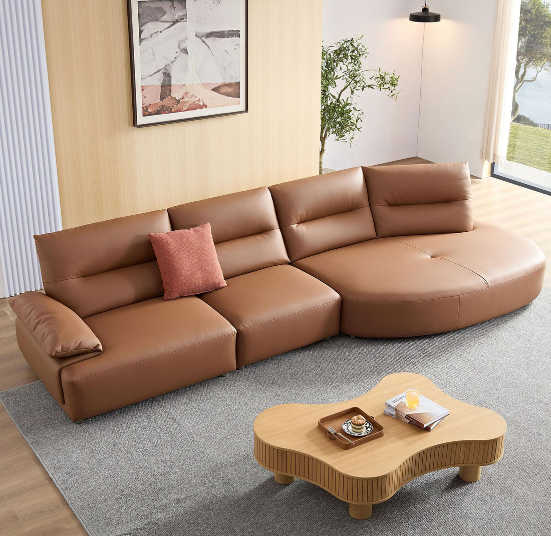 147.24'' Oversied Modern Sectional Curved Shaped Sofa Couch For Living Room,Upholstered 5 Seat Sofa Eco Leather Couch Set,Brown Brown Foam 5 Seat