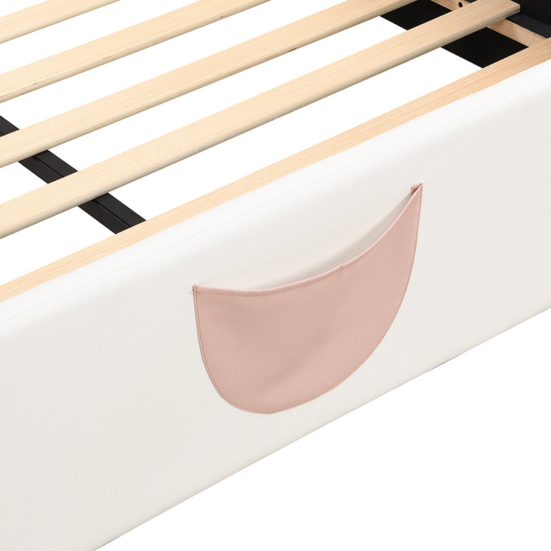 Full Size Upholstered Led Light Platform Bed With Shell Headboard And Children'S Slide, Pink Box Spring Not Required Full Pink White Wood Bedroom Bed Frame Faux Leather Upholstered