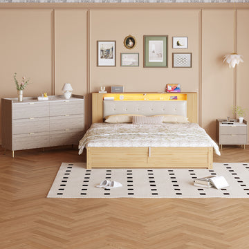 3 Pieces Bedroom Sets Queen Size Tufted Upholstered Platform Bed With Motion Activated Night Lights And Usb Charger, Modern Storage Nightstand And Dresser, Natural Queen Natural 3 Piece Set Wood
