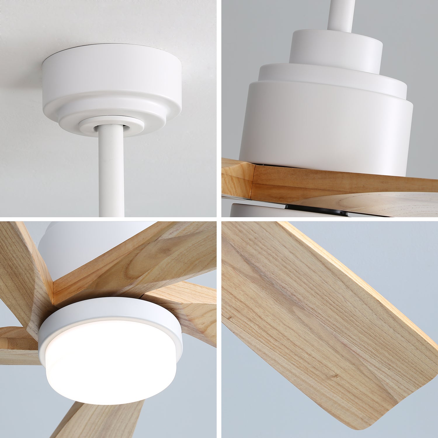 52 Inch Ceiling Fan With Dimmable Led Light 5 Solid Wood Blades Smart Remote Control Reversible Dc Motor Ceiling Fan White Metal & Wood