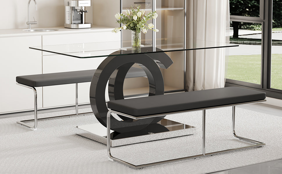 Table And Chair Set, Large Modern Minimalist Rectangular Glass Dining Table Suitable For 6 8 People, Equipped With 0.39 "Tempered Glass Tabletop, Mdf Oc Shaped Bracket, And Metal Base. Black Glass