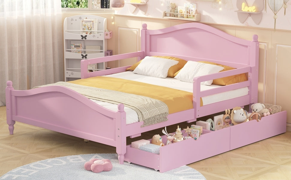 Full Size Wood Platform Bed With Guardrails On Both Sides And Two Storage Drawers ,Pink Full Pink Wood