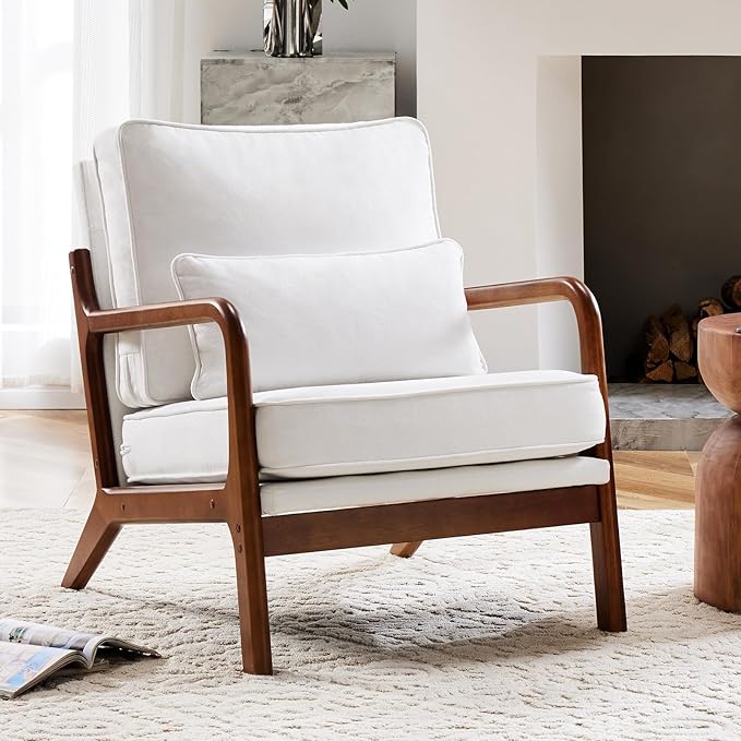 Accent Chair Mid Century Modern Chair With Pillow, Upholstered Lounge Arm Chairs, Linen Fabric Comfy Reading Chair With Wood Frame, Side Chair For Living Room, Beige Beige Linen