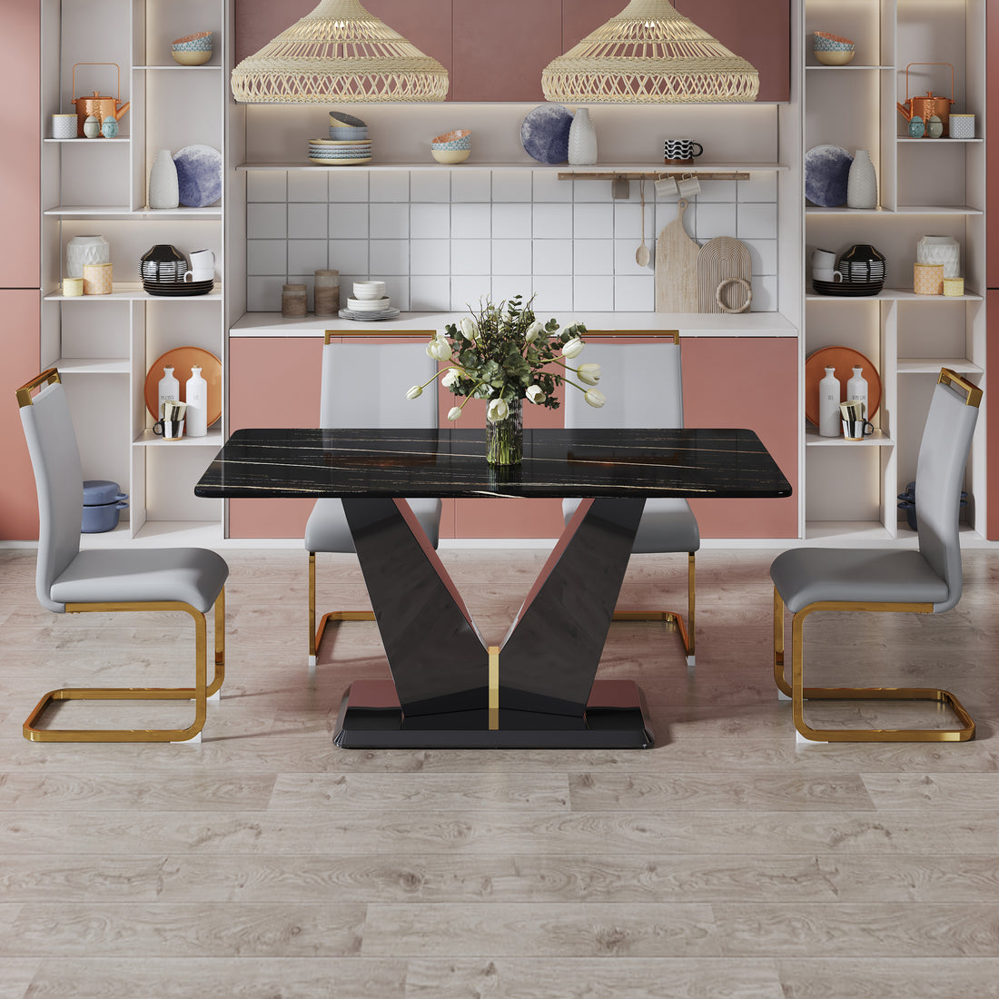 Table And Chair Set,Modern Rectangular Dining Table, 0.4 Inch Thick, With A Black Imitation Marble Pattern Glass Desktop And Black Mdf Legs. Comfortable Pu Seats,Perfect For Dinner, Meet. Grey Black Seats 4 Mdf Glass