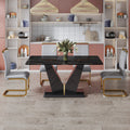 Table And Chair Set,Modern Rectangular Dining Table, 0.4 Inch Thick, With A Black Imitation Marble Pattern Glass Desktop And Black Mdf Legs. Comfortable Pu Seats,Perfect For Dinner, Meet. Grey Black Seats 4 Mdf Glass