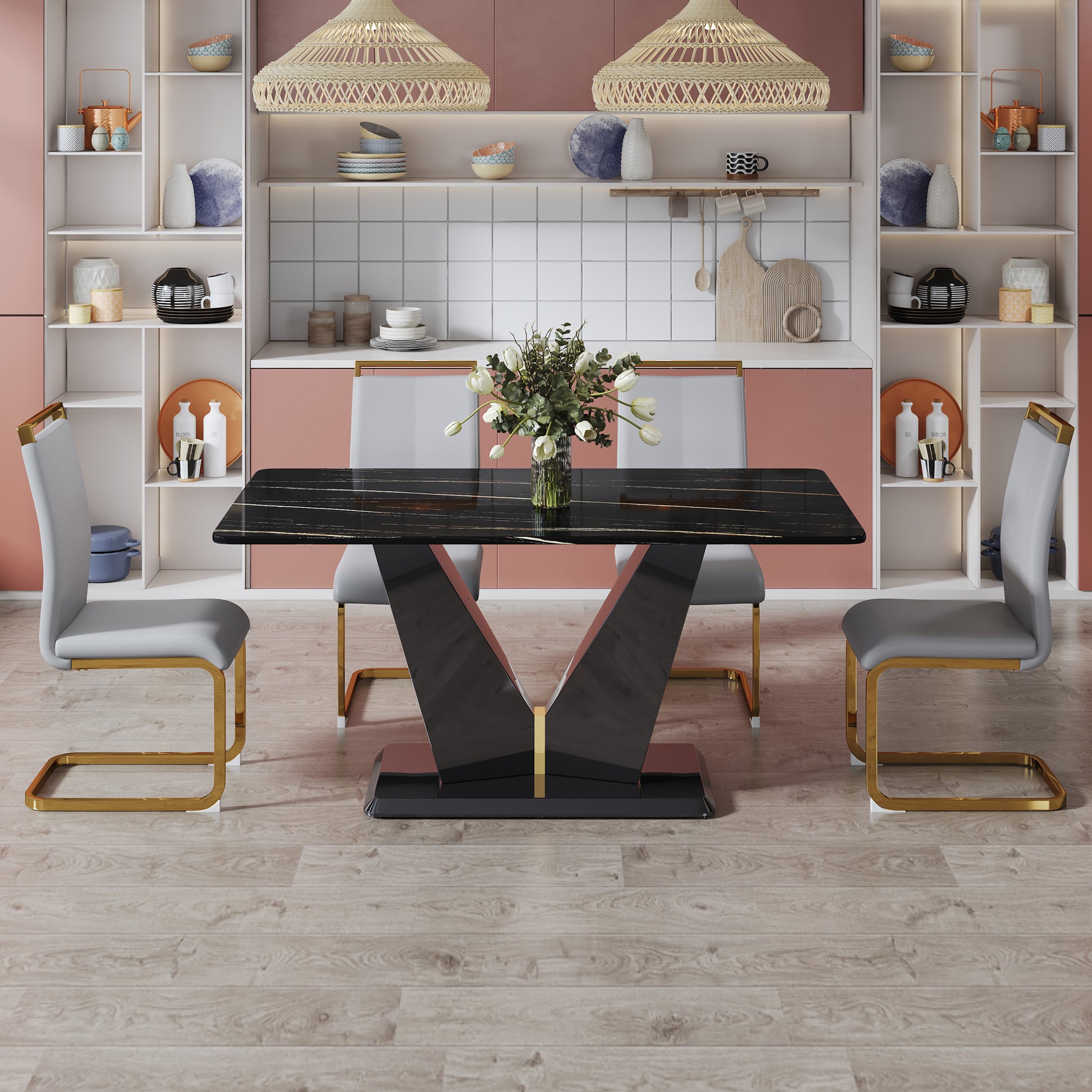 Table And Chair Set,Modern Rectangular Dining Table, 0.4 Inch Thick, With A Black Imitation Marble Pattern Glass Desktop And Black Mdf Legs. Comfortable Pu Seats,Perfect For Dinner, Meet. Grey Black Seats 4 Mdf Glass