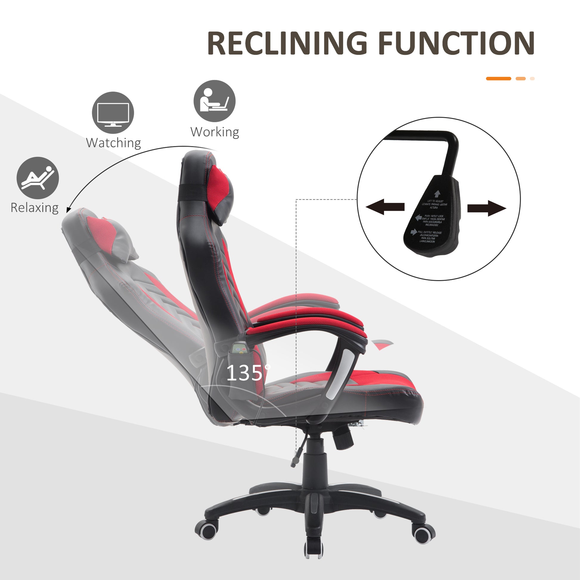 Homcom 6 Vibrating Point Massage Computer Gaming Chair 5 Modes, Racing Style Heated Desk Chair Swivel Rolling Chair With Headrest, Red Black Red Faux Leather