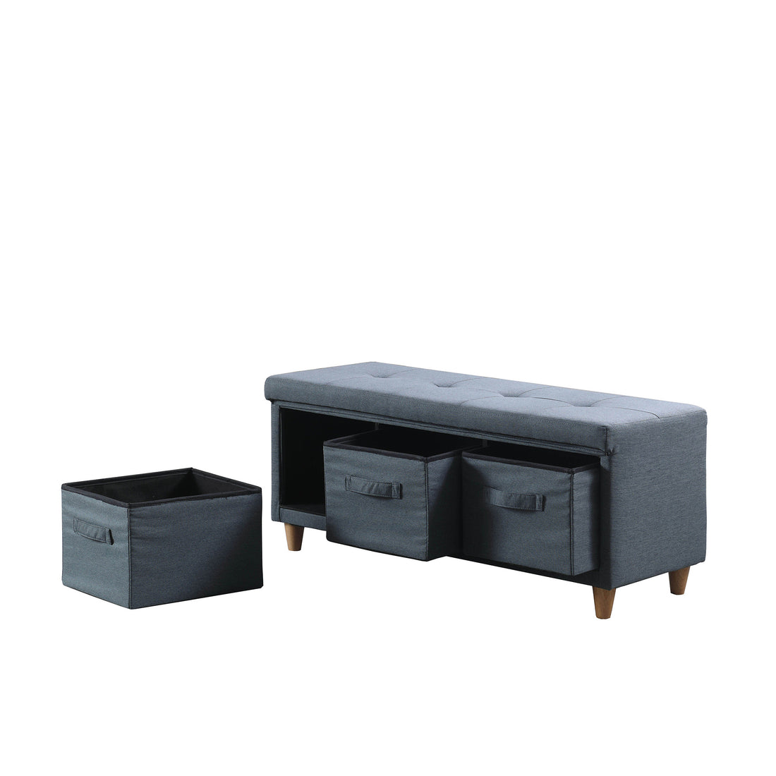 17.5" Magnolia Blue Gray Tufted Bench W Storage Basket Drawers Blue Gray Polyester