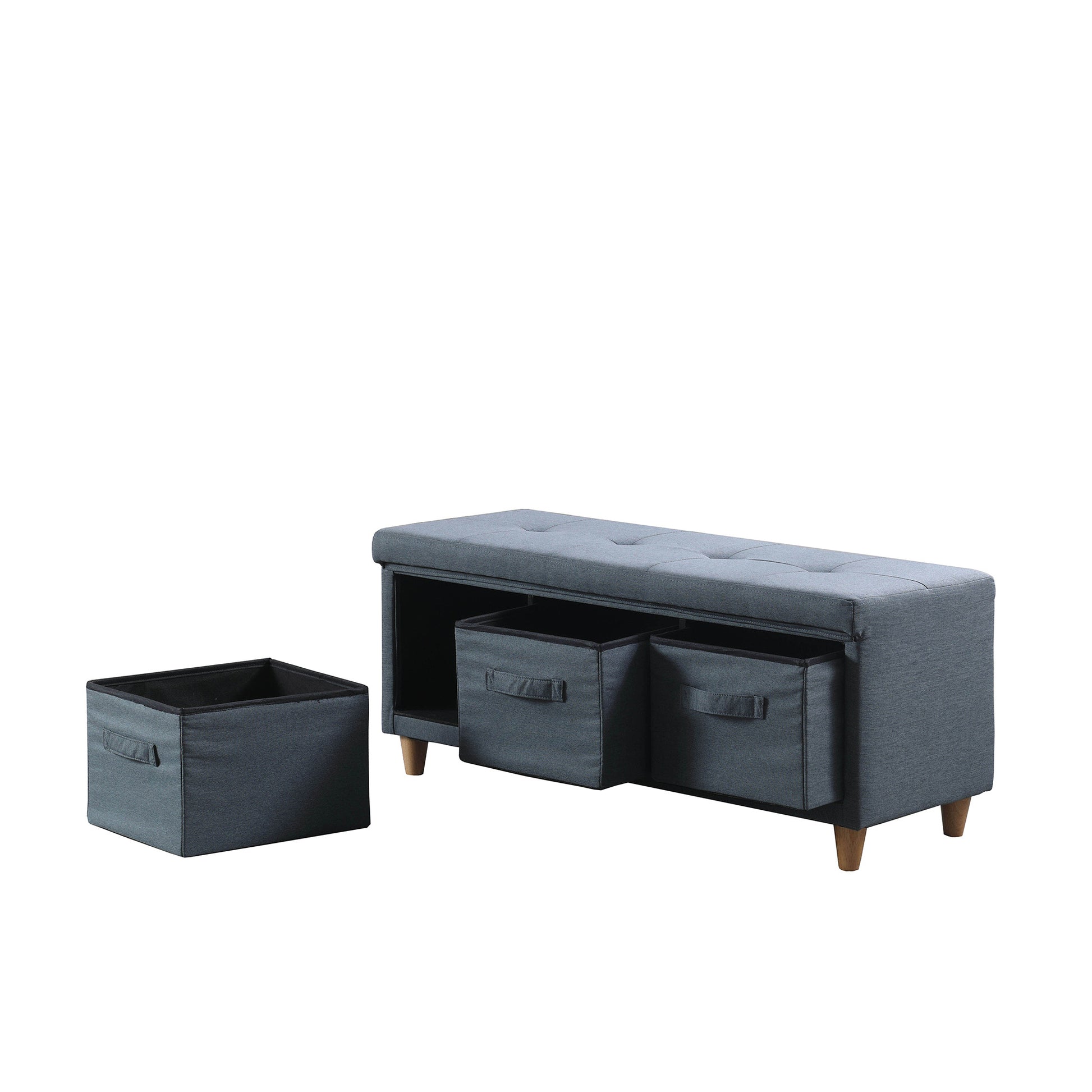 17.5" Magnolia Blue Gray Tufted Bench W Storage Basket Drawers Blue Gray Polyester