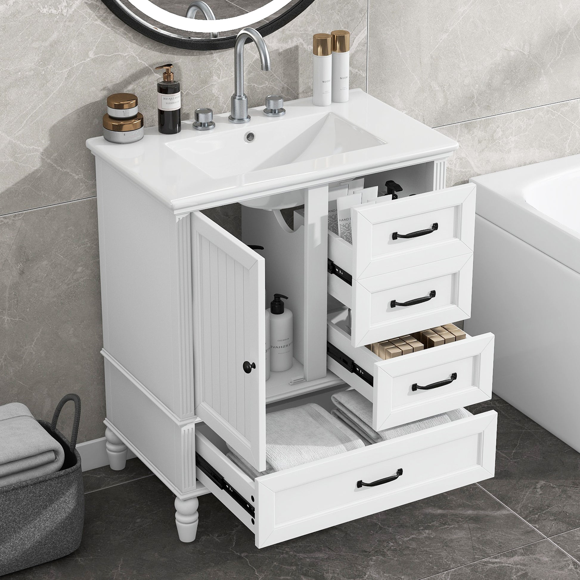 30" Bathroom Vanity With Sink, Bathroom Cabinet With A Door, Three Drawers, Solid Wood Legs & Mdf Board, Adiustable Foot Pads, White White Mdf