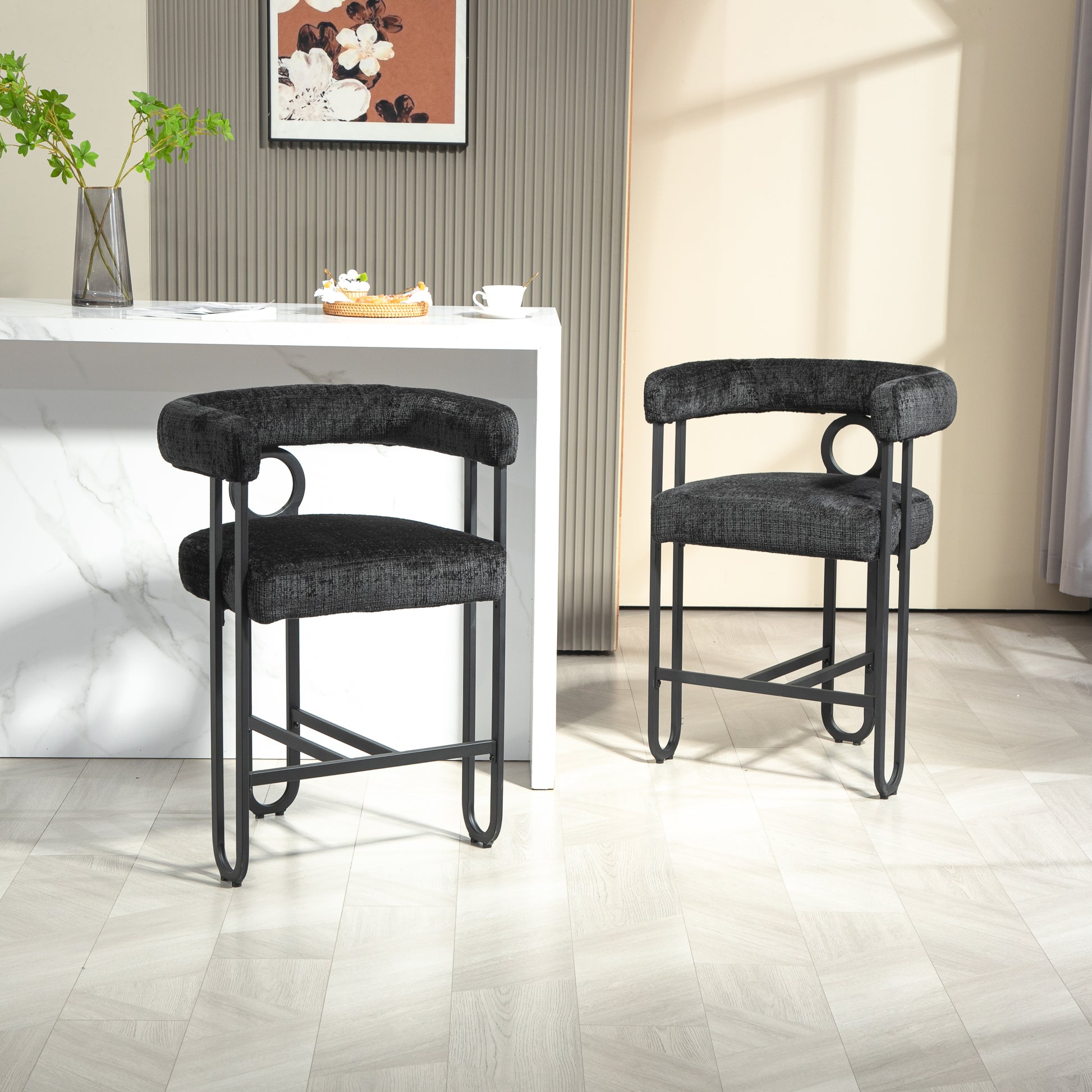 Coolmore Bar Stools Set Of 2, Modern Bar Stool With Back, Black Metal Frames, Upholstered Bar Stools For Kitchen Island, Pub, Club Black Chenille Black Dining Room Foam Chenille