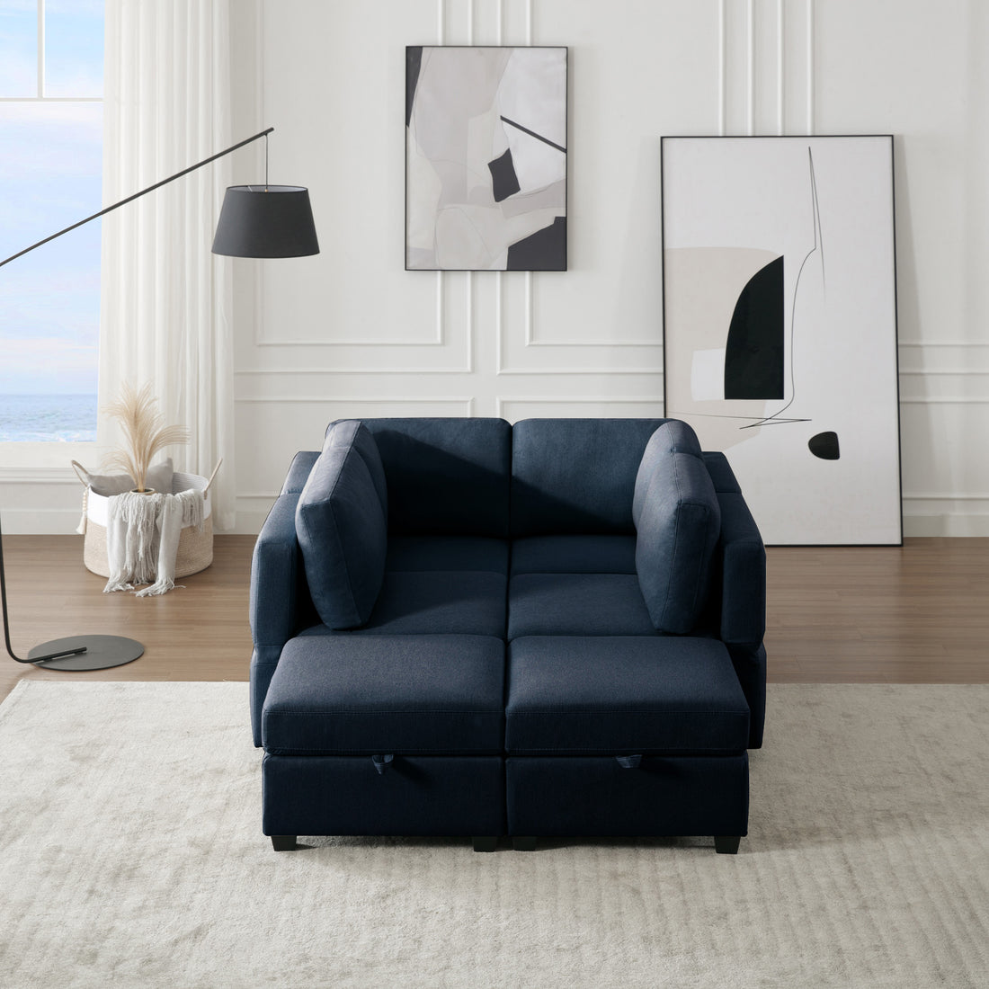 Oversized Modern 6 Seat Upholstered Sofa, Large Sectional Sofa With Storage Seats And Ottomanssofa Bed With Thick And Soft Cushions At All Sidesadjustable Arms And Backs Blue Blue Polyester 4 Seat