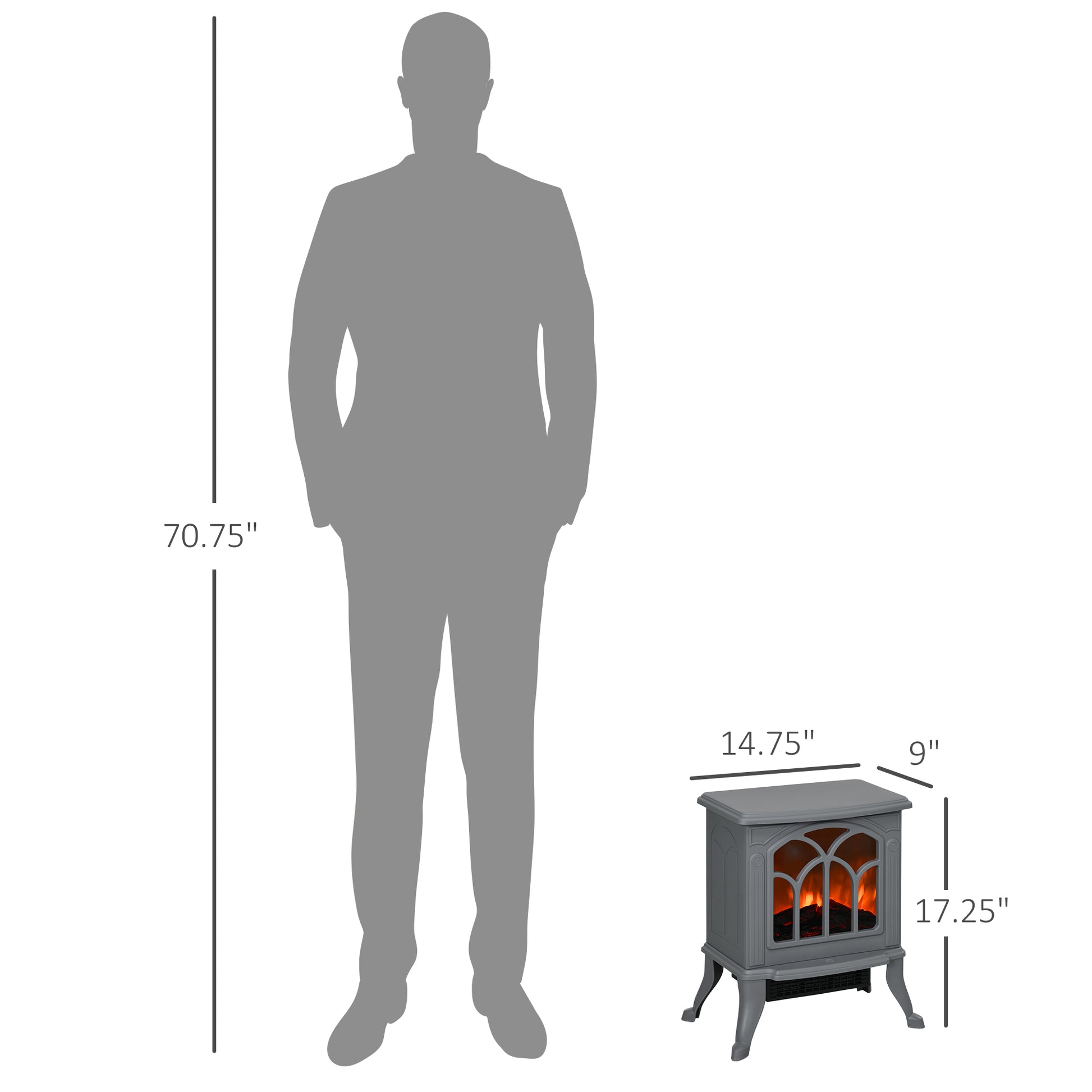 Homcom 17" Freestanding Electric Fireplace Stove, Fire Place Heater With Realistic Logs And Flame Effect And Overheat Protection, 750W 1500W, Gray Gray Plastic