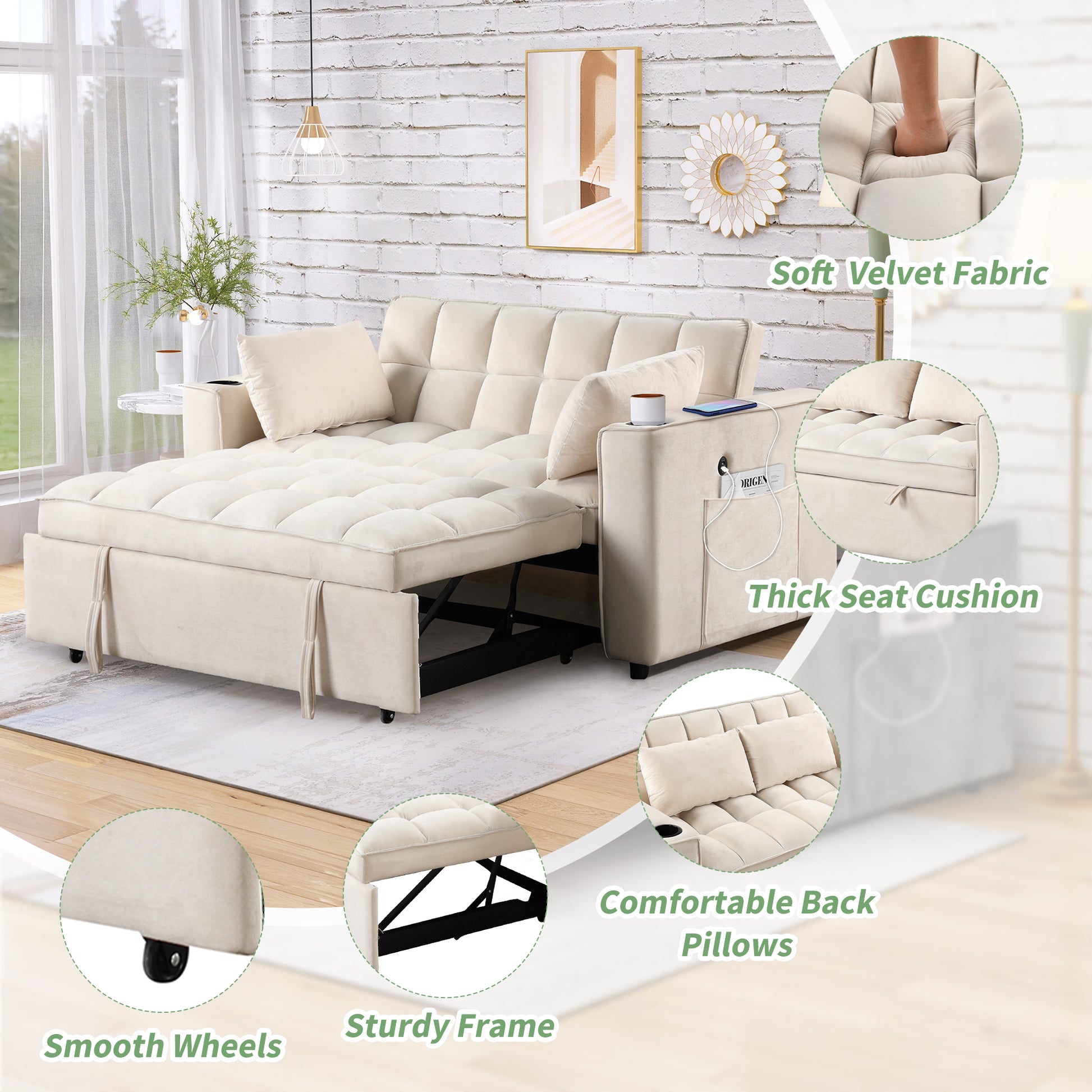 58" 4 1 Multi Functional Sofa Bed With Cup Holder And Usb Port For Living Room Or Apartments Milky White Milk White Foam 2 Seat