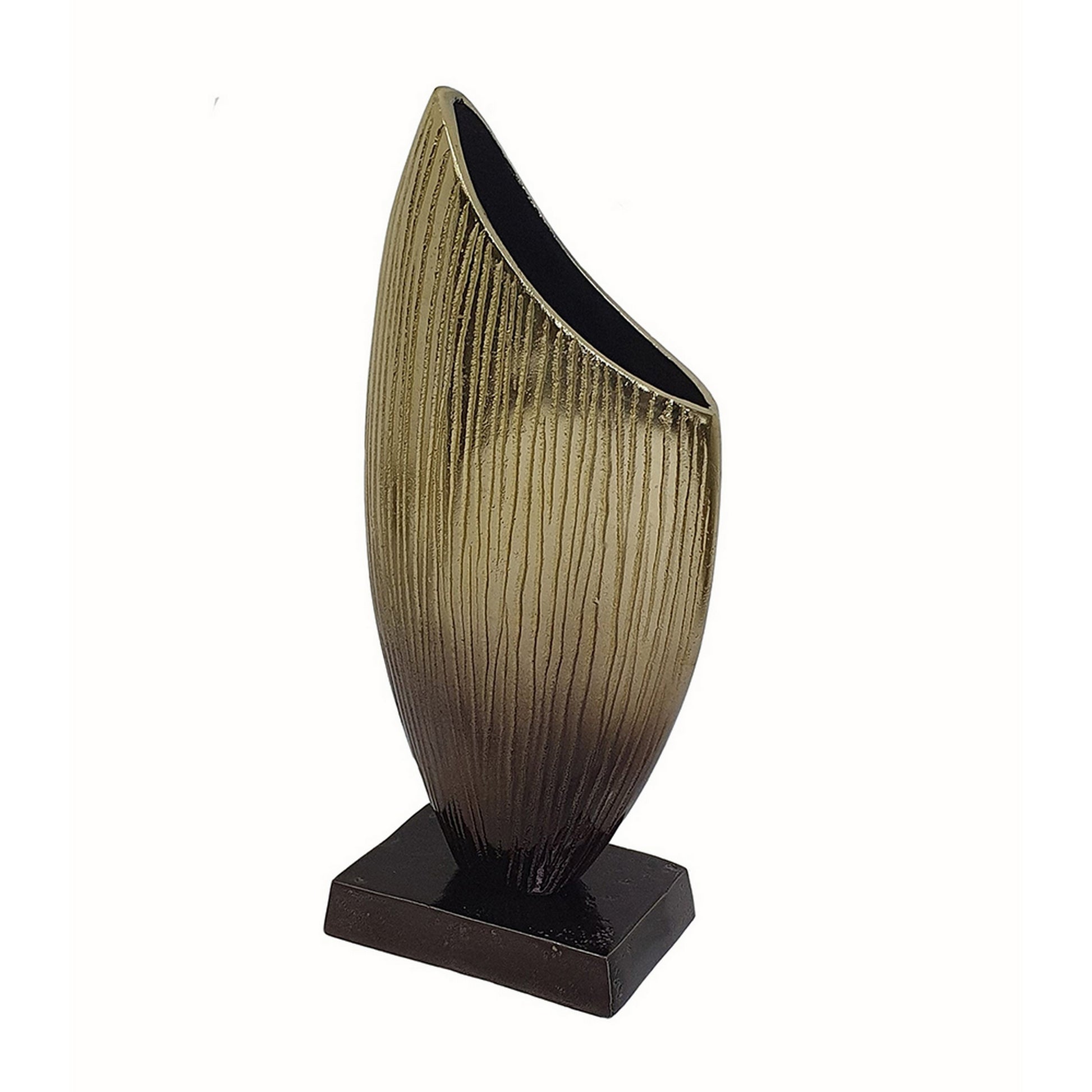 15 Inch Decorative Vase, Aluminum, Vertical Ribbing, Gold And Jet Black Gold Black Aluminium