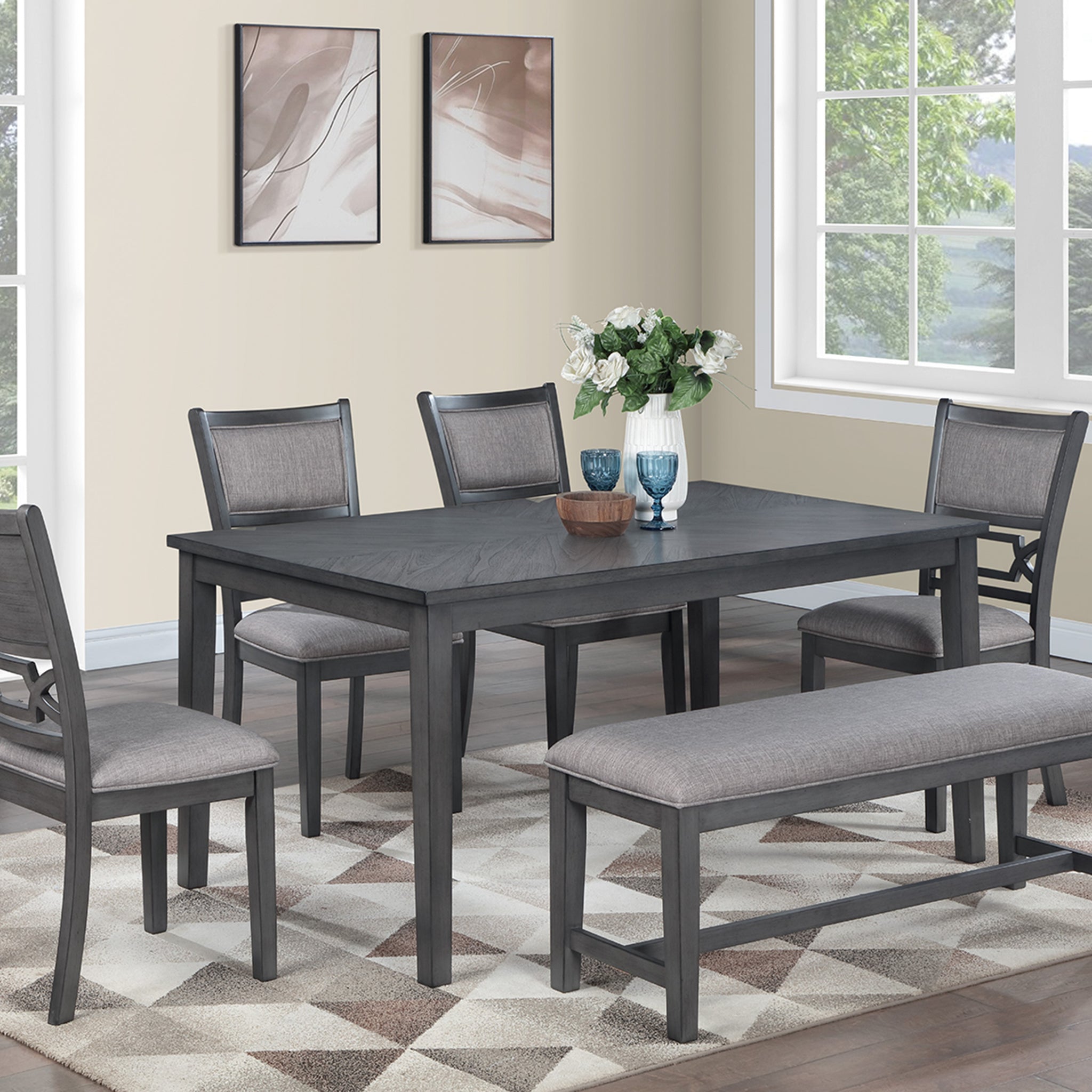 Dining Room Furniture Gray 6Pcs Set Dining Table 4X Side Chairs A Bench Rubberwood Unique Design Back Chair Gray Wood Dining Room Bench Seating Rectangular Dining Table With Chair And Bench Wood