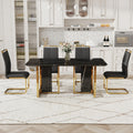 Table And Chair Set. Modern Dining Table With Mdf Top And Beautiful Mdf Legs. Equipped With Comfortable Pu Chairs And Metal Legs. Suitable For A Wide Range Of Decorative Styles. Black Seats 4 Mdf