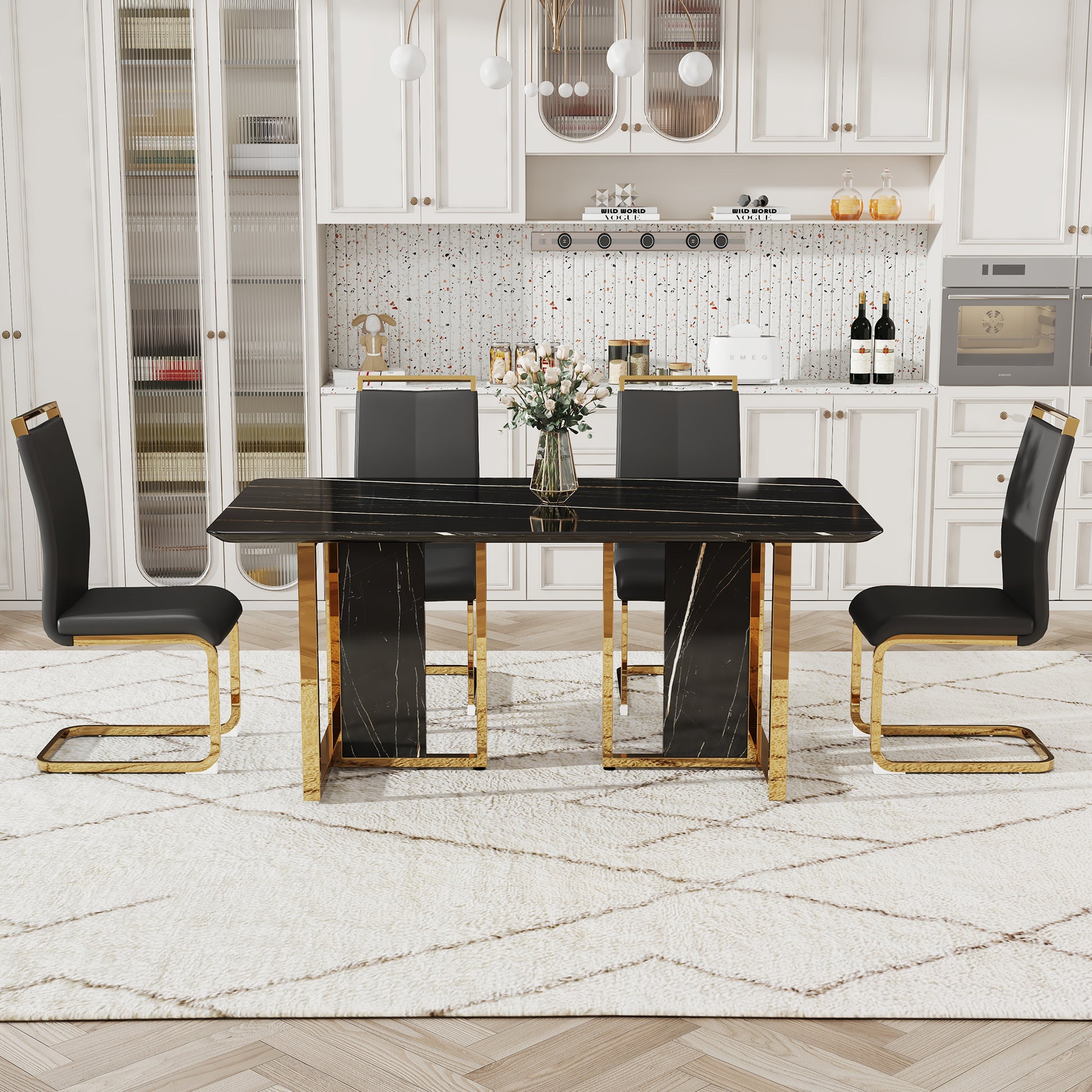 Table And Chair Set. Modern Dining Table With Mdf Top And Beautiful Mdf Legs. Equipped With Comfortable Pu Chairs And Metal Legs. Suitable For A Wide Range Of Decorative Styles. Black Seats 4 Mdf