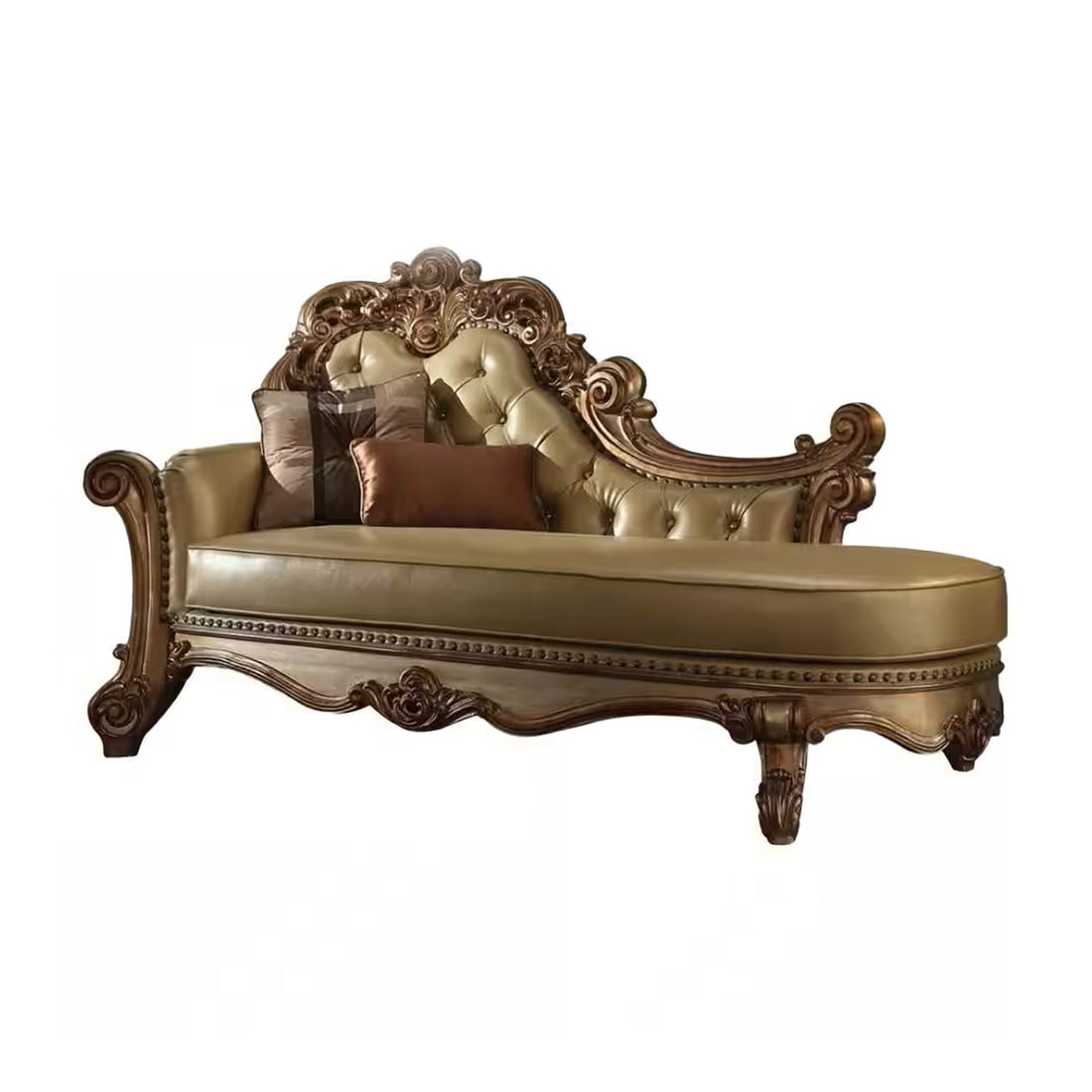 Wooden Gracious Chaise With 2 Pillows, Gold Patina & Bone Gold Wood