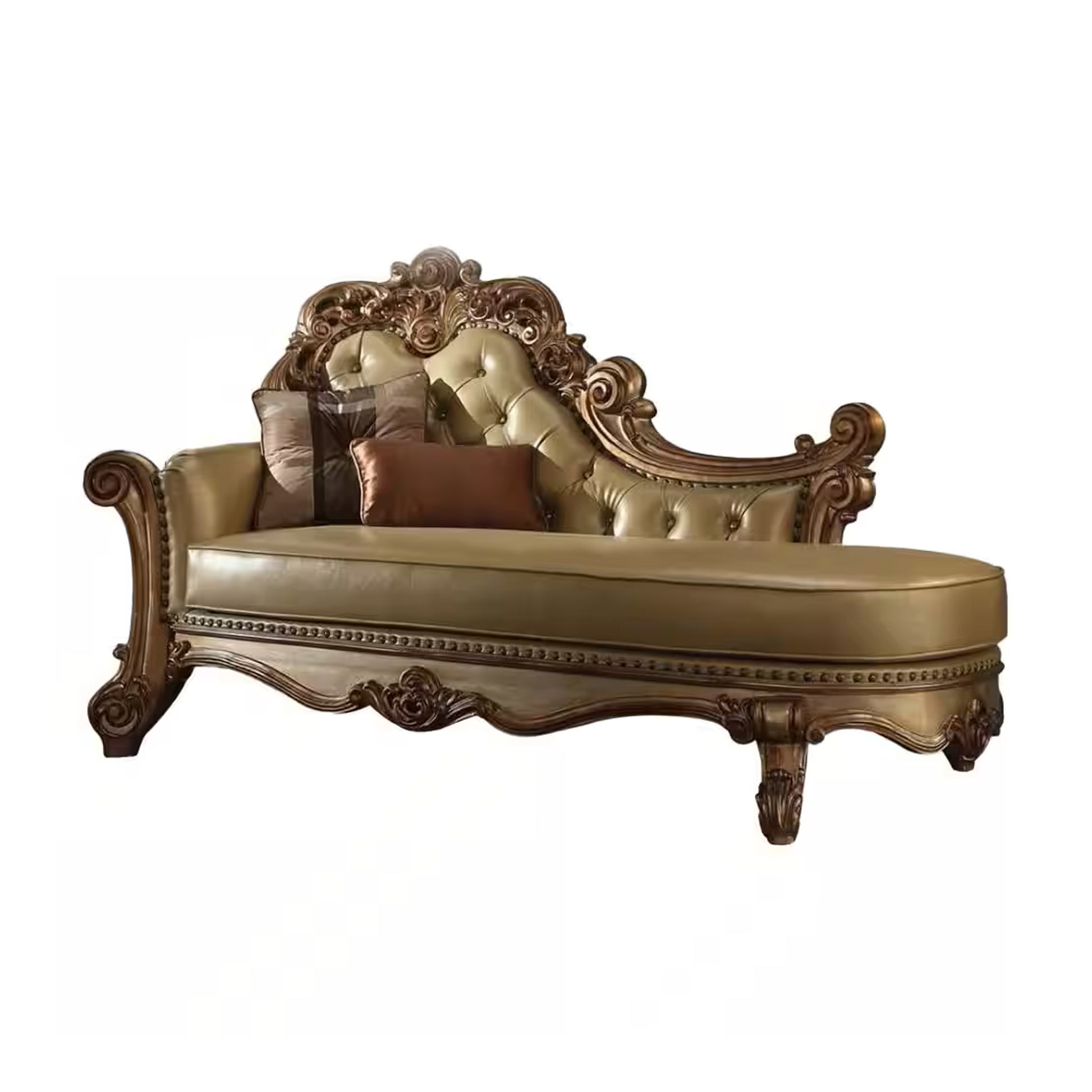 Wooden Gracious Chaise With 2 Pillows, Gold Patina & Bone Gold Wood
