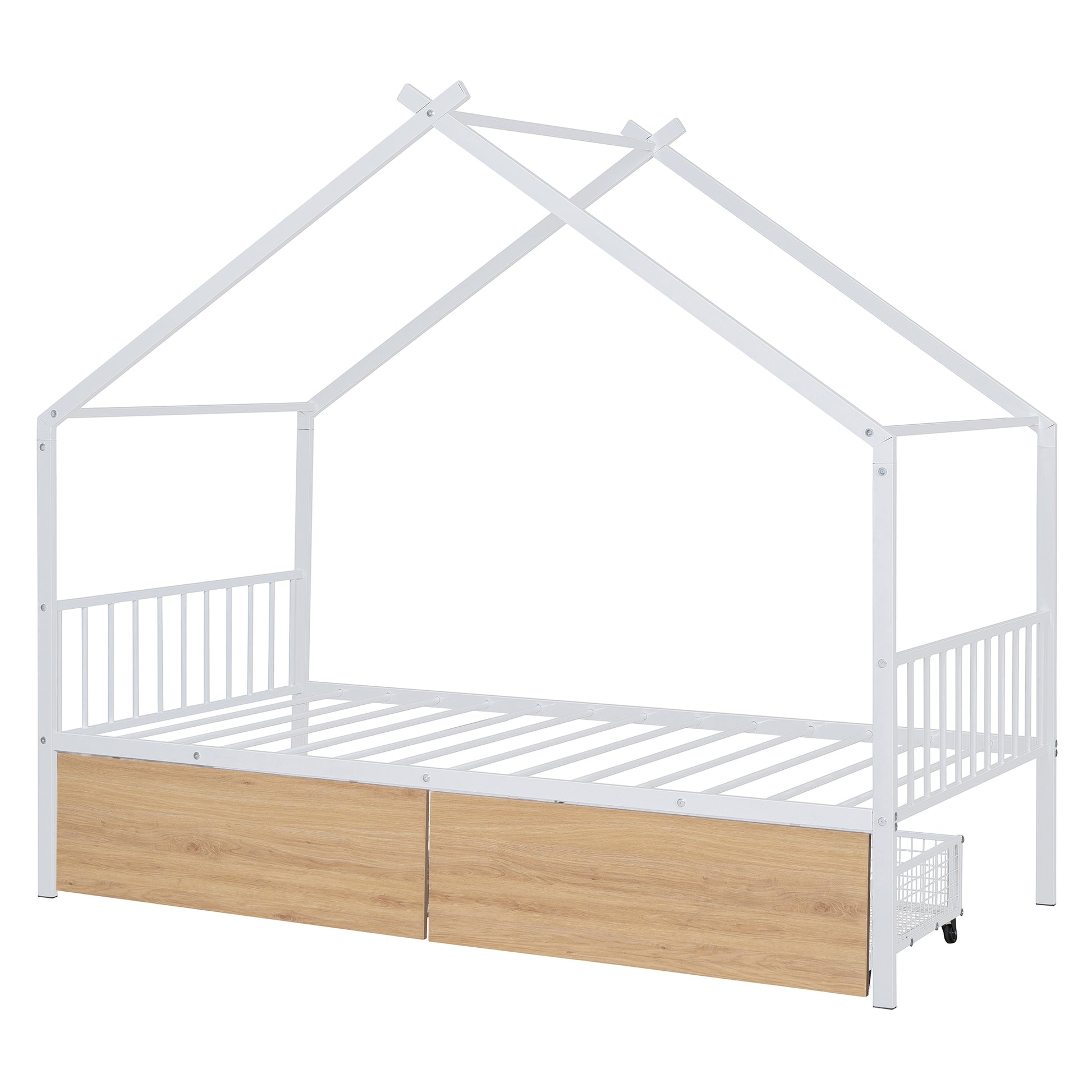 Twin Size Metal House Bed With Two Drawers, White Twin White Metal