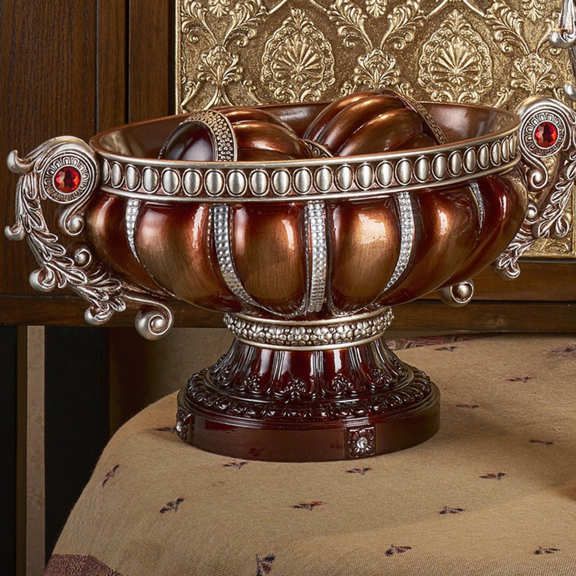 8.75" Tall" Delicata" Footed Decorative Bowl, Bronze With Silver Accents Bronze Polyresin