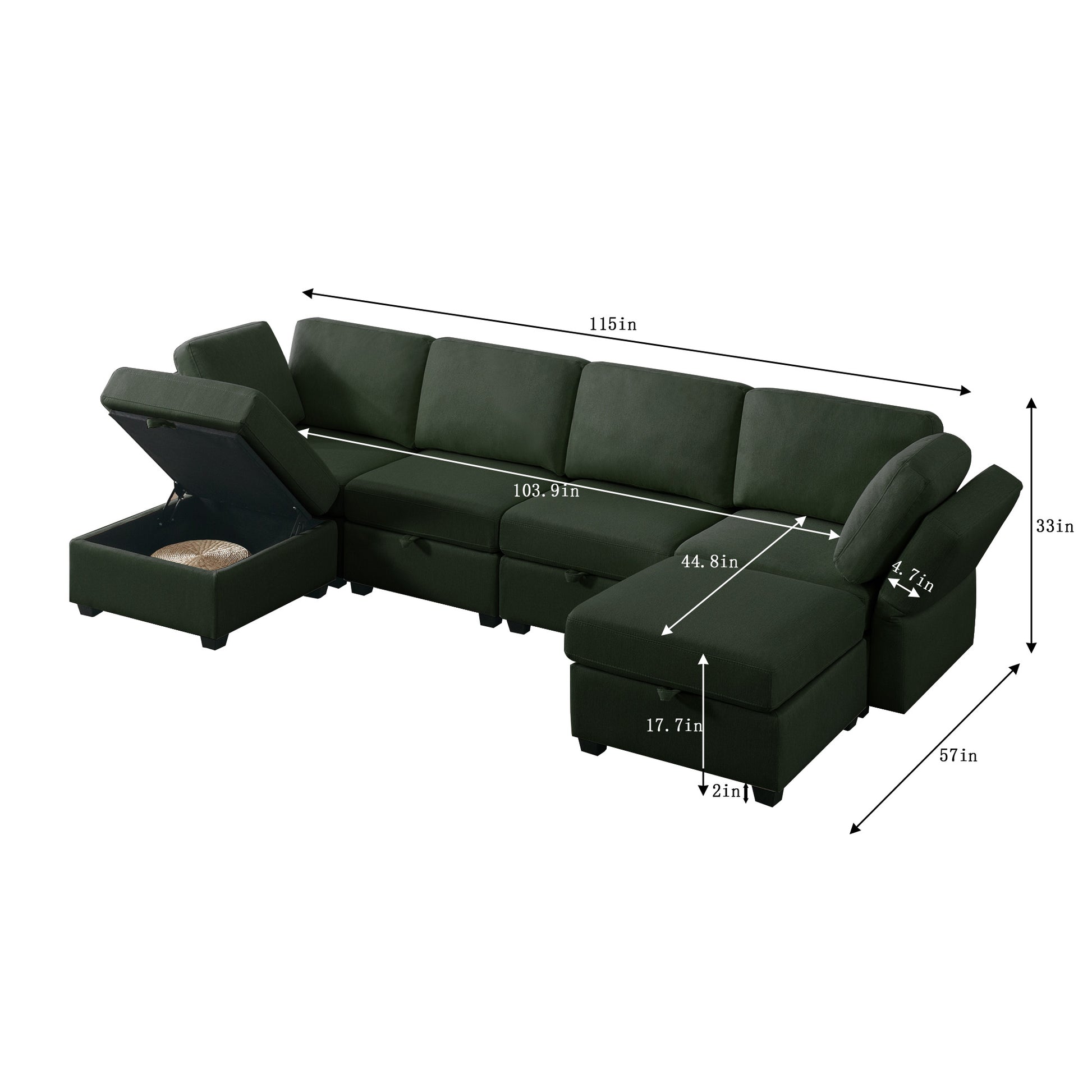 Adjustable Arms And Backs Modern U Shape Linen Couch Modular Sectional Sofa Couch With Storage Seat, Large Convertible Sofa With Reversible Chaise For Living Room Apartment Office, Green Green Polyester 4 Seat