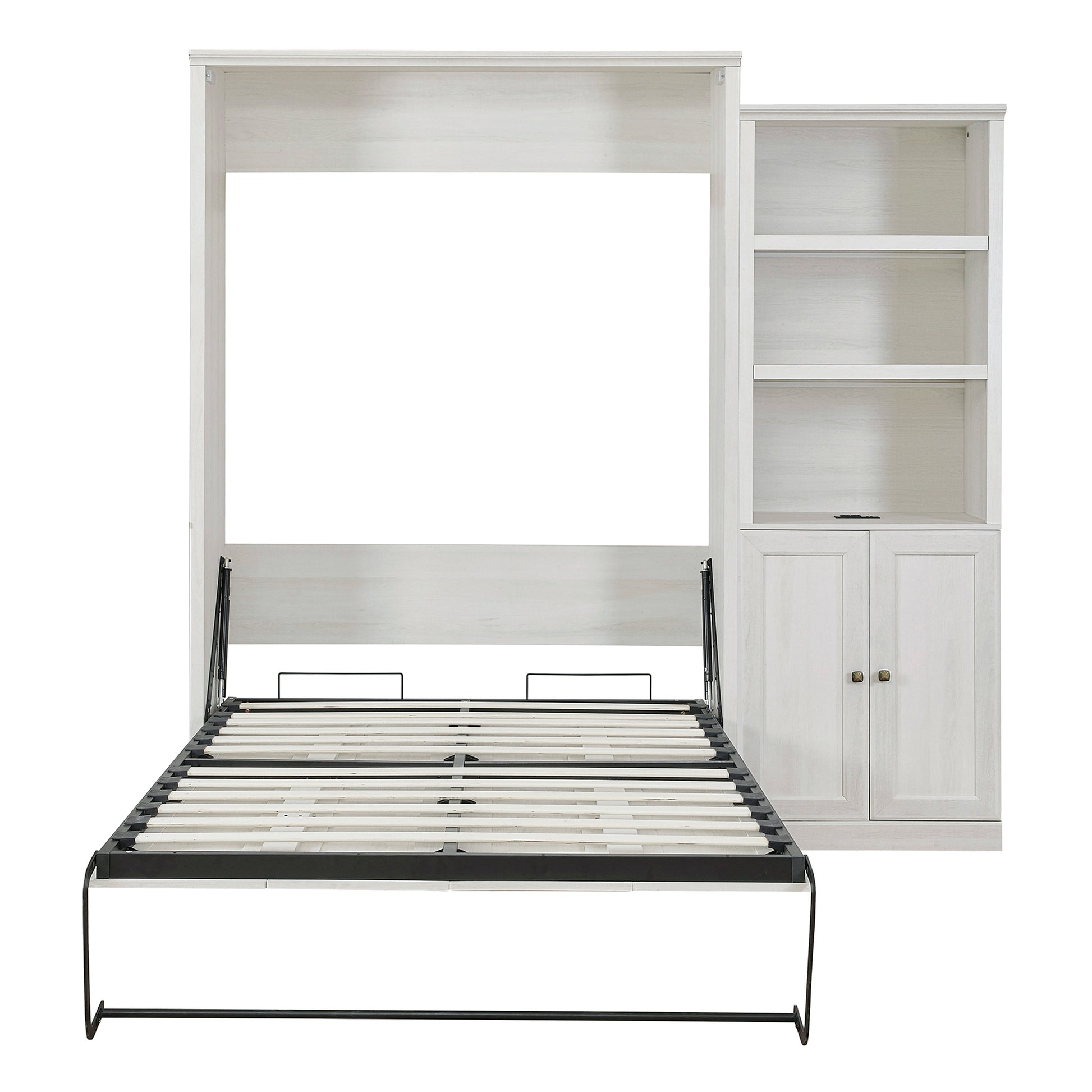 Queen Size Half Self Close And Open Murphy Bed With 1 Side Cabinet Storage Shelf, Cabinet Space Saving Bed Perfect For Guest Room, Bed Room, Guest Room, Home Office, Rustic White Box Spring Not Required Queen Rustic White Wood White Pine Murphy Solid