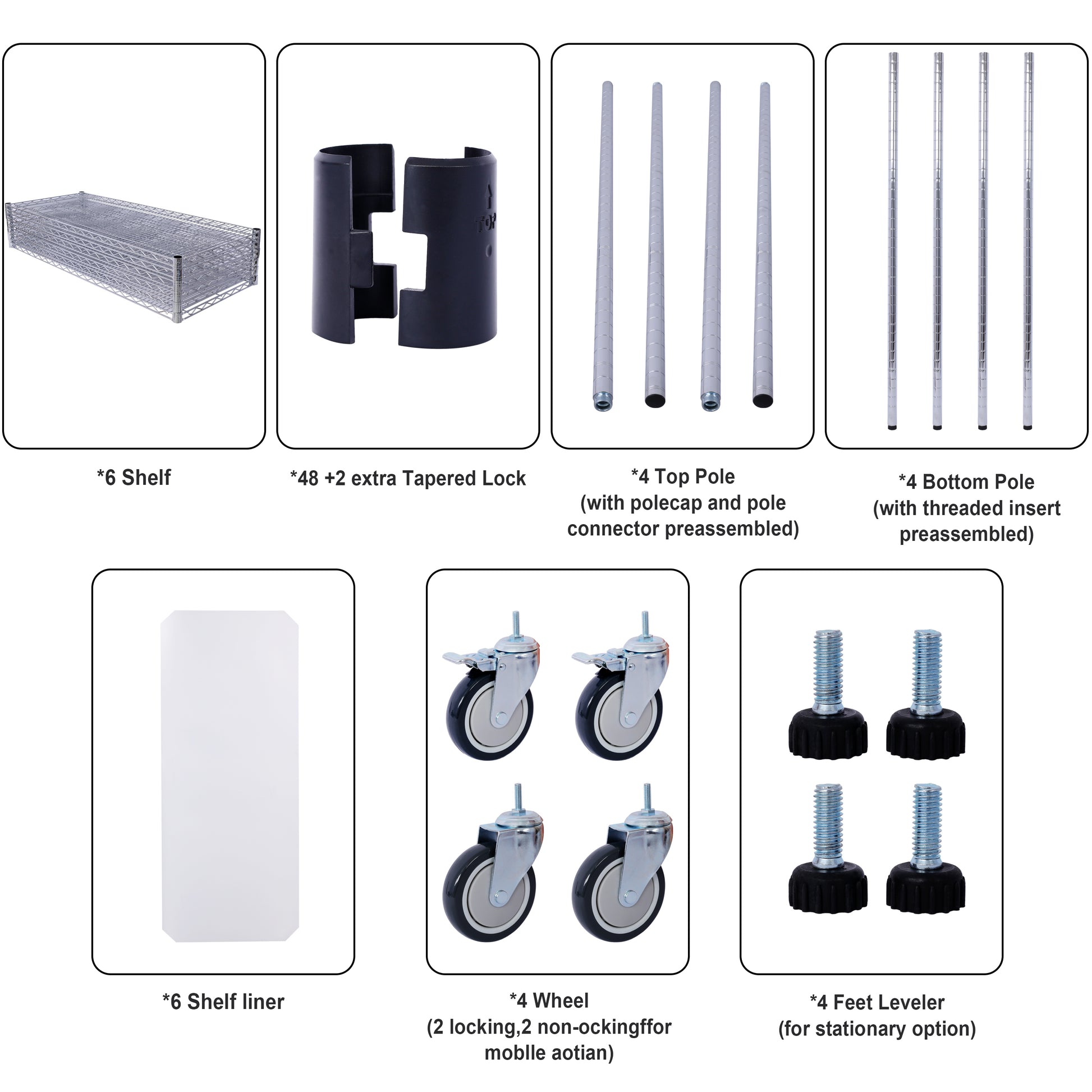 6 Tier 6000Lbs Capacity Nsf Metal Shelf Wire Shelving Unit, Heavy Duty Adjustable Storage Rack With Wheels & Shelf Liners For Commercial Grade Utility Steel Storage Rack, Chrome 84"H X 48"L X 20"D Chrome Metal