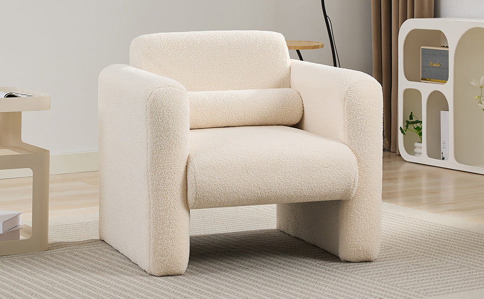 Modern Accent Chair Lambskin Sherpa Fabric Upholstered Comfy Reading Arm Chair Soft Padded Armchair With Back And Pillow For Living Room Bedroom Reception Waiting Room Office, Cream Cream Primary Living Space Upholstered