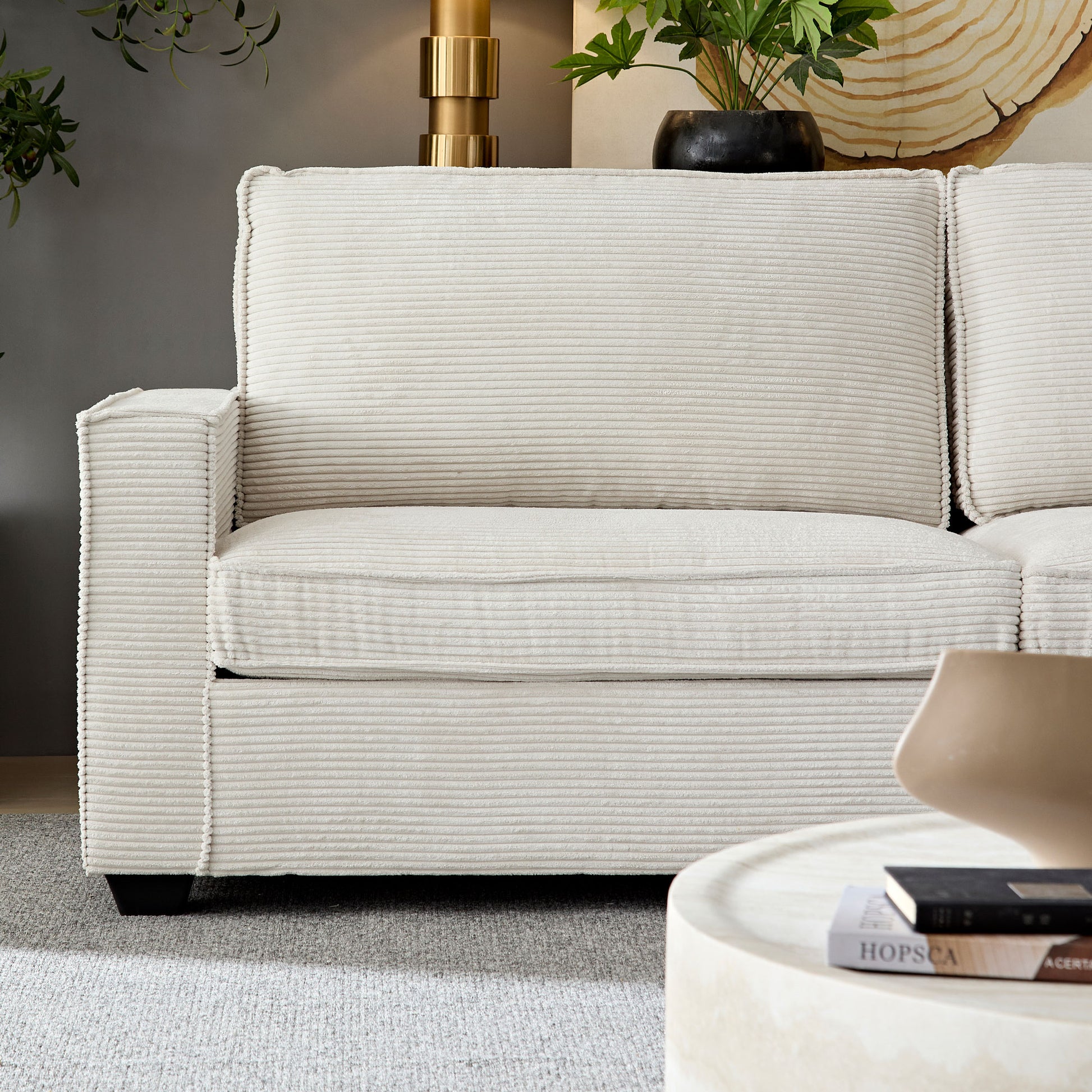 Corduroy Sofa, 87.4 Inch Modern Design Sofa With Cup Holder And Storage Bags, Deep Seat Sofa Couch,Comfy Couch For Living Room,Apartment,Office,Beige Beige Corduroy 3 Seat