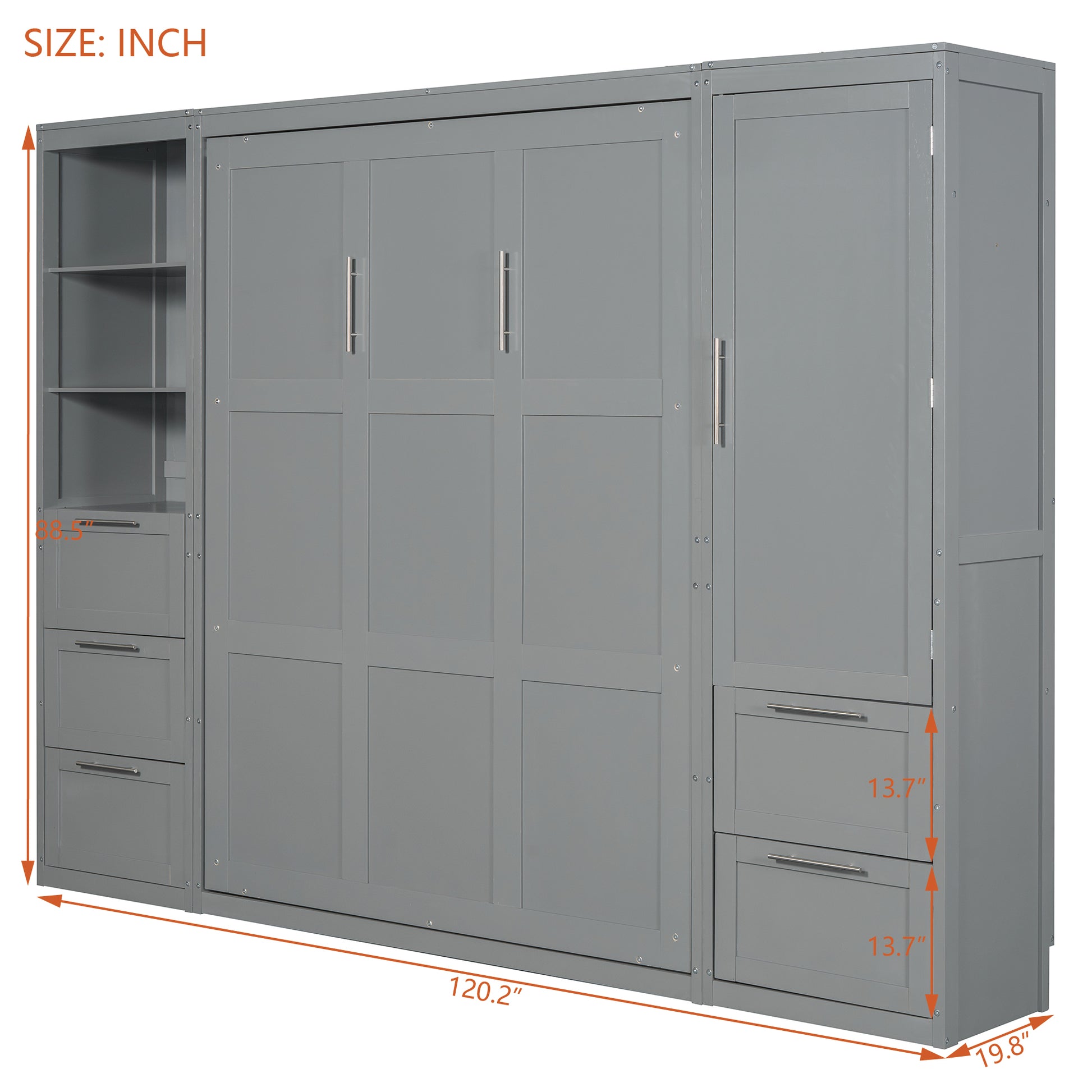 Queen Size Murphy Bed Wall Bed With Closet ,Drawers And Shelves,Gray Queen Gray Mdf Lvl
