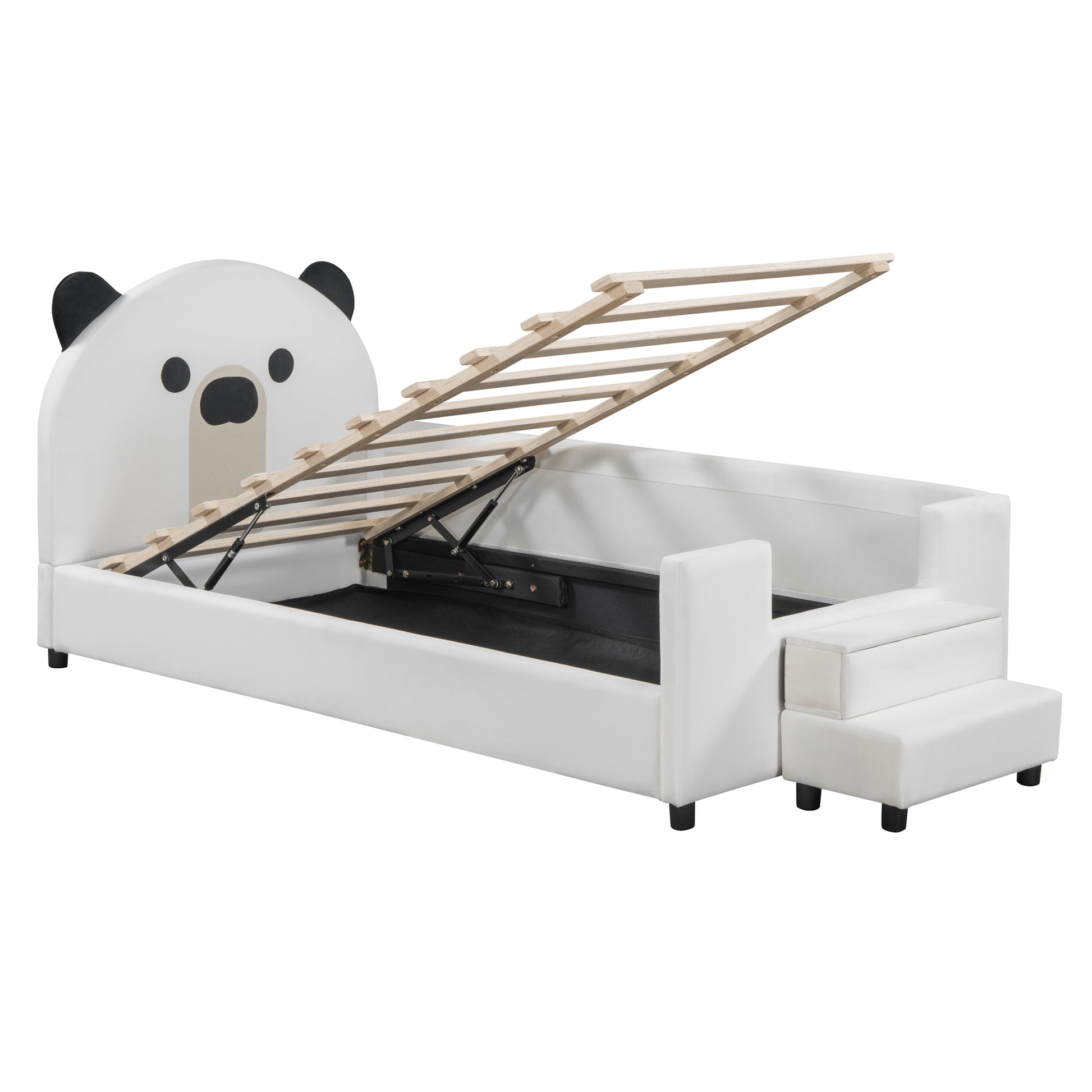 Twin Size Upholstered Daybed With Bear Shaped Headboard, Hydraulic System Andmesh Fence, White White Velvet