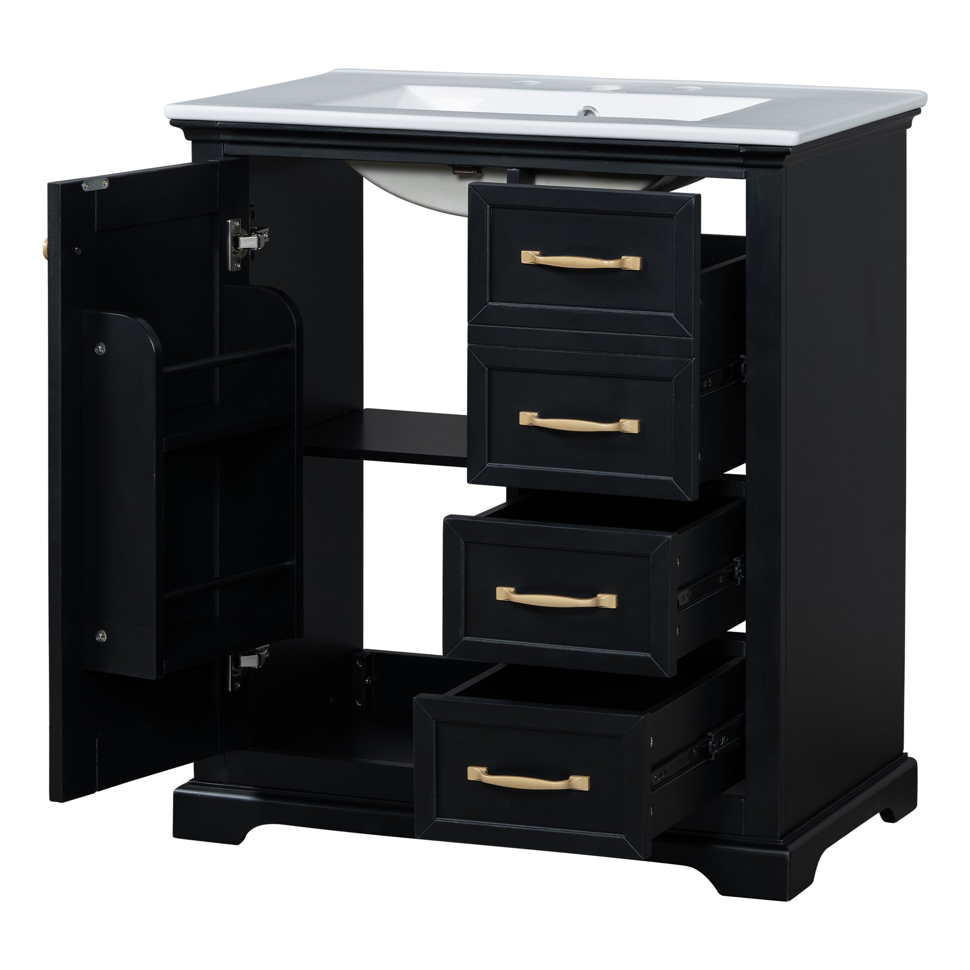 30" Bathroom Vanity With Sink, One Package, Black Bathroom Cabinet With Drawers, Solid Frame And Mdf Board Black Solid Wood Mdf