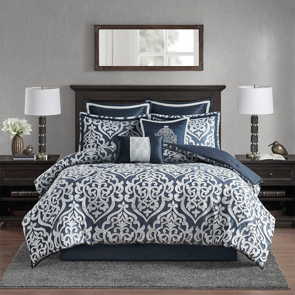 8 Piece Jacquard Comforter Set Navy Silver Queen Queen Navy Silver Polyester