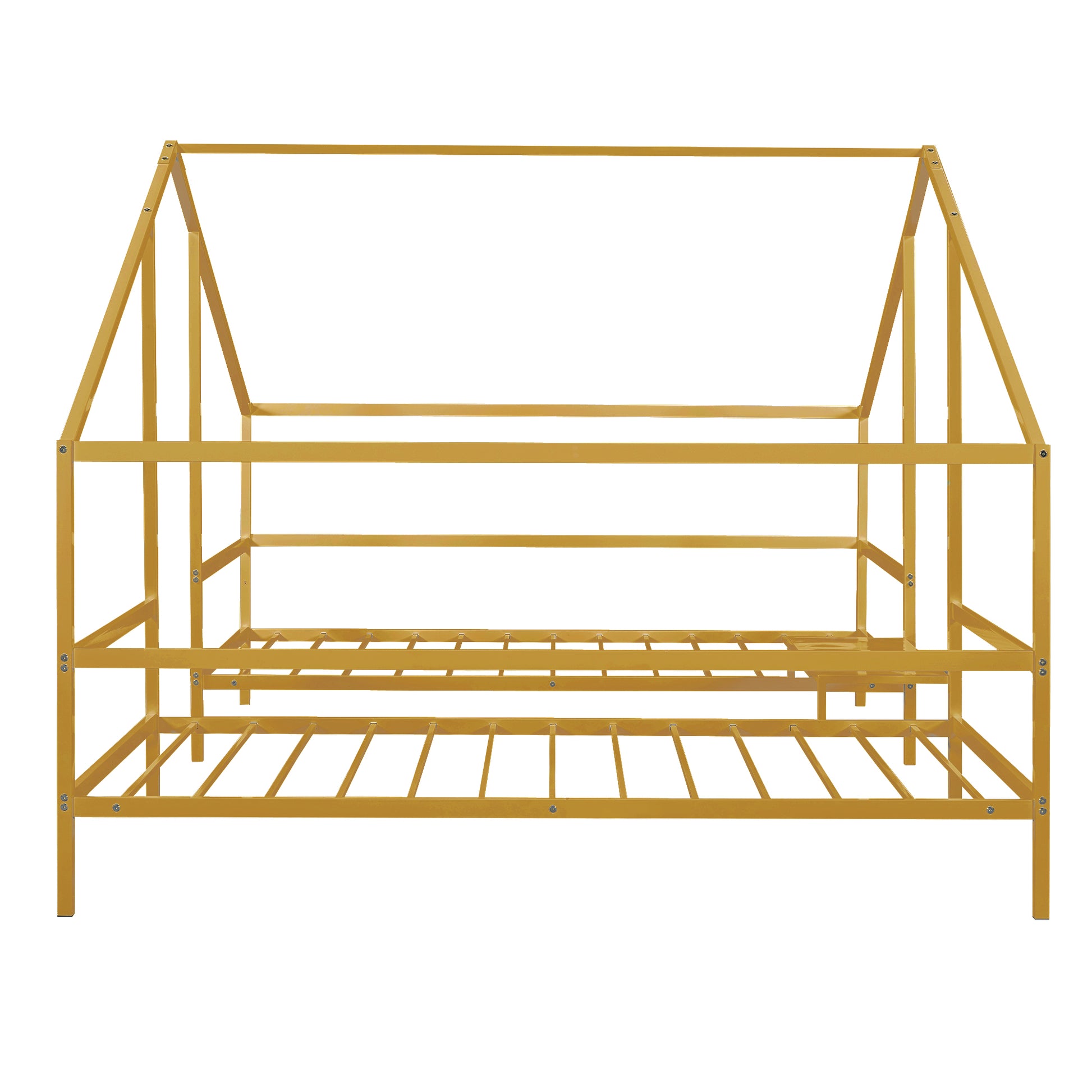 Metal Double Twin Size Triangular House Beds With Built In Table, Gold Box Spring Not Required Twin Gold Metal Metal