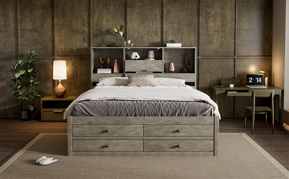 Queen Size Platform Bed With Storage Headboard And 8 Drawers, Gray Box Spring Not Required Queen Gray Wood Bedroom Bed Frame Solid Wood Mdf